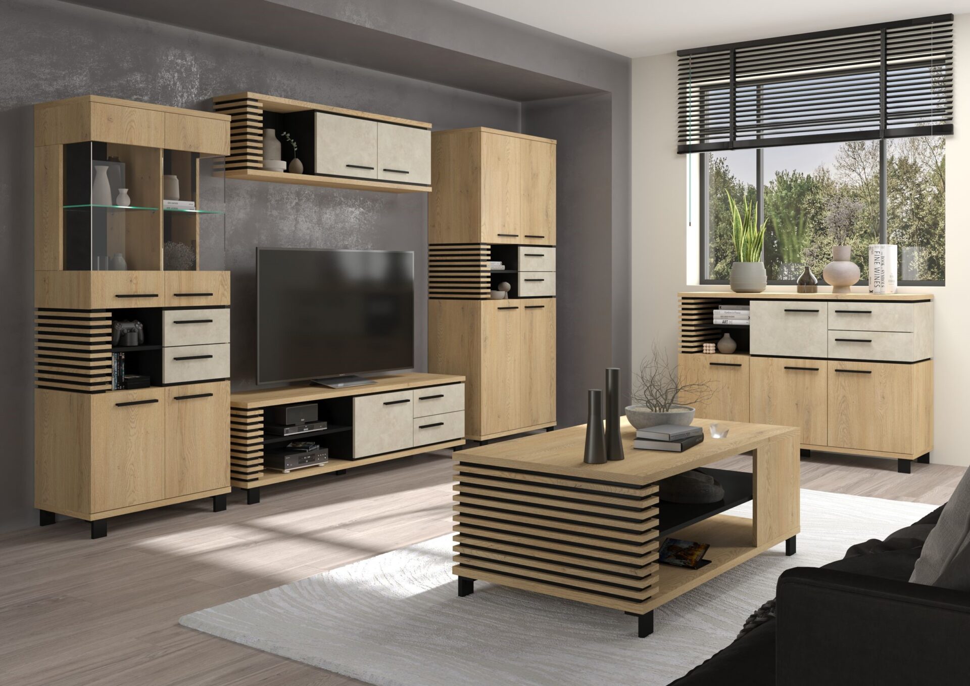 MILAR #7 baldai, vitrina, TV staliukas, pakabinama lentyna, drabužių spinta, komoda, kavos staliukas