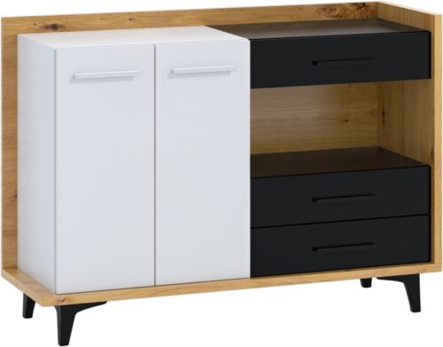 DOX 02 baldai, didelė komoda svetainei, meniškas, balta, juoda