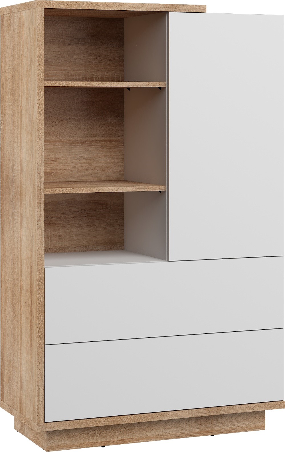 BRITA 17 žema knygų lentyna su stalčiais ir lentynomis, Sonoma ąžuolas, balta blizgi spalva