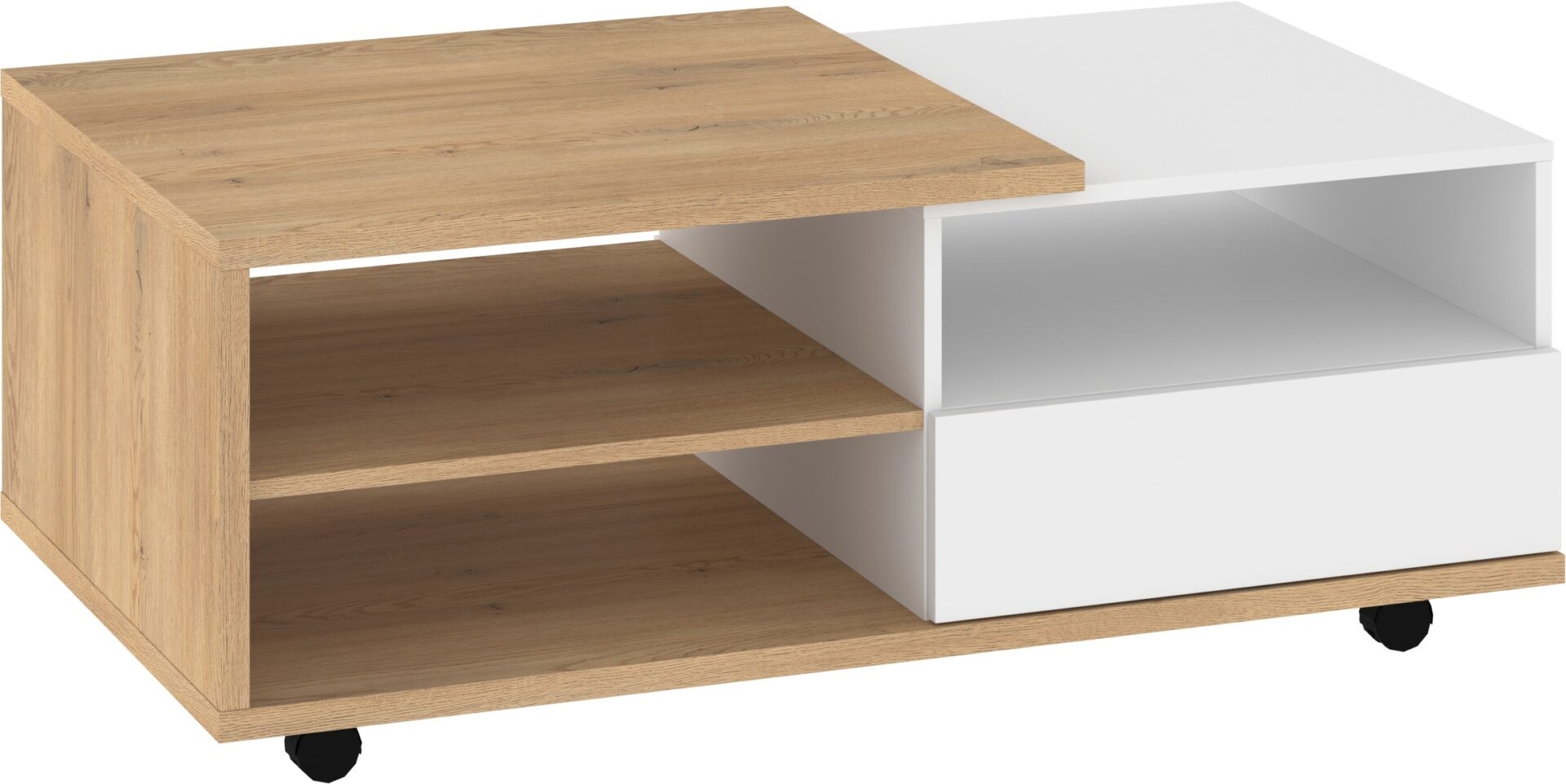 BRITA 12 baldų kavos staliukas su stalčiais, kremonos ąžuolas, baltas blizgus