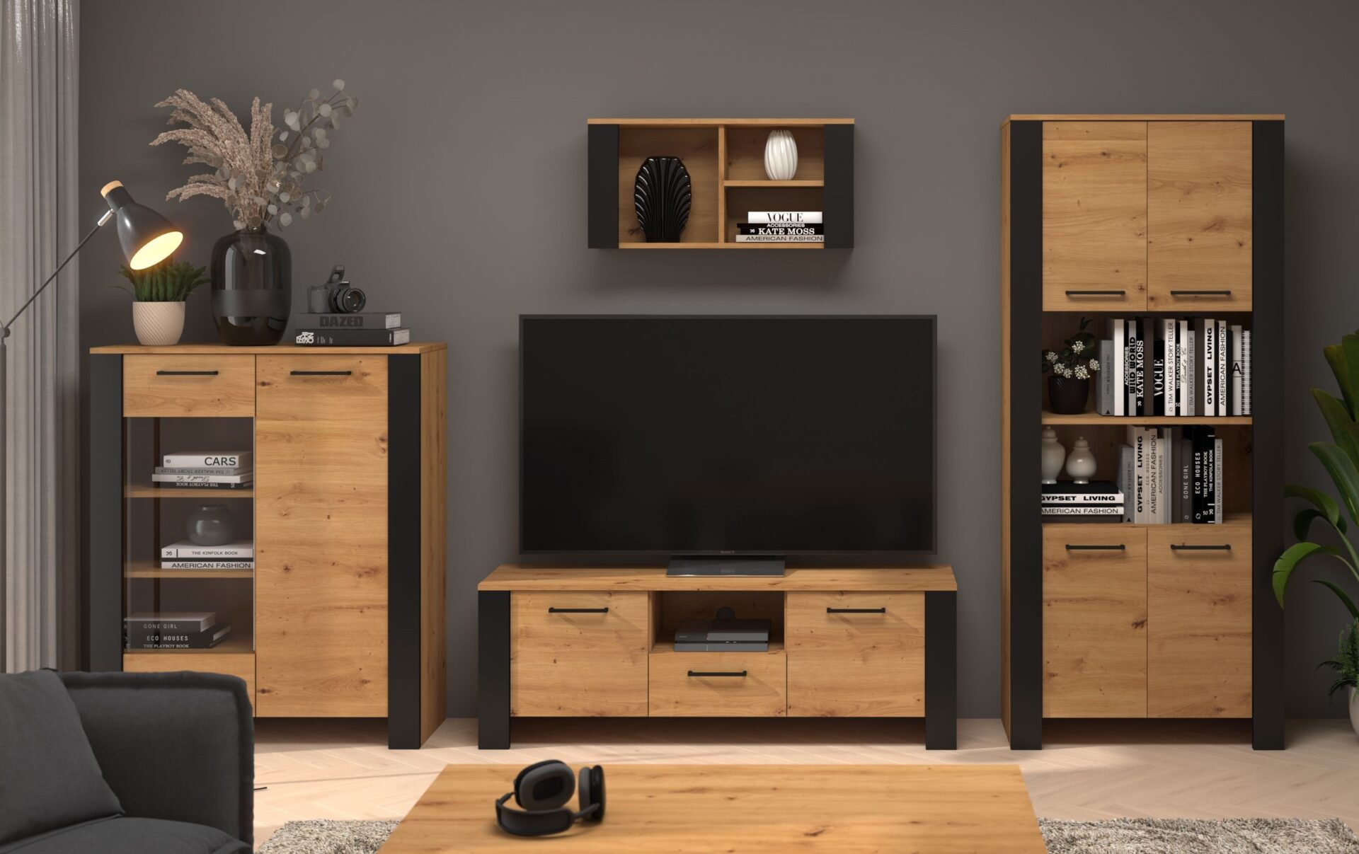 DELIS baldų komplektas Nr. 1, vitrinos komplektas, TV spintelė, lentyna, ąžuolas, juoda