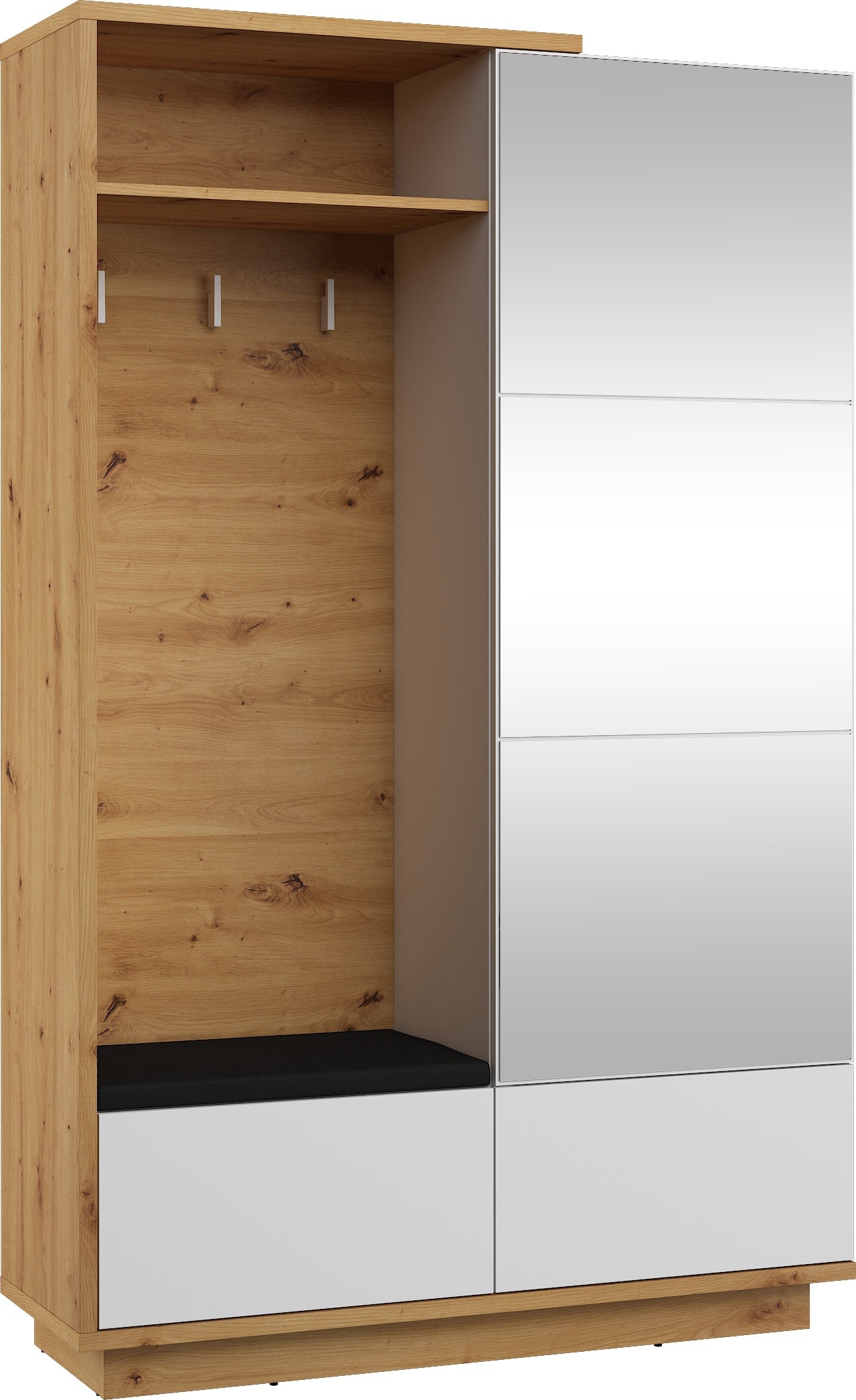 BRITA 16 baldų prieškambario spinta su sėdyne, ąžuolo dirbiniai, balta blizgi spalva