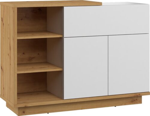 BRITA 06 baldai, komoda su lentynomis ir durelėmis, dirbtinio ąžuolo spalvos, baltai blizgi