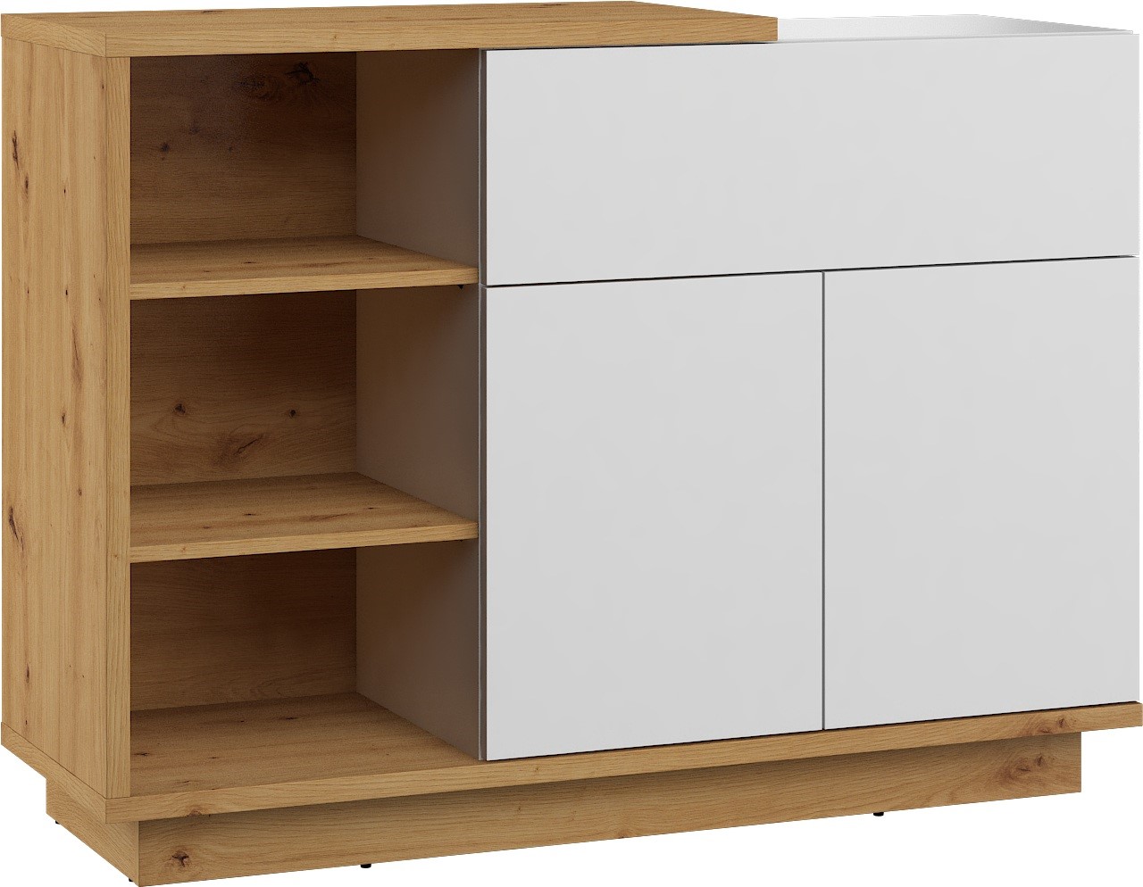 BRITA 06 baldai, komoda su lentynomis ir durelėmis, dirbtinio ąžuolo spalvos, baltai blizgi