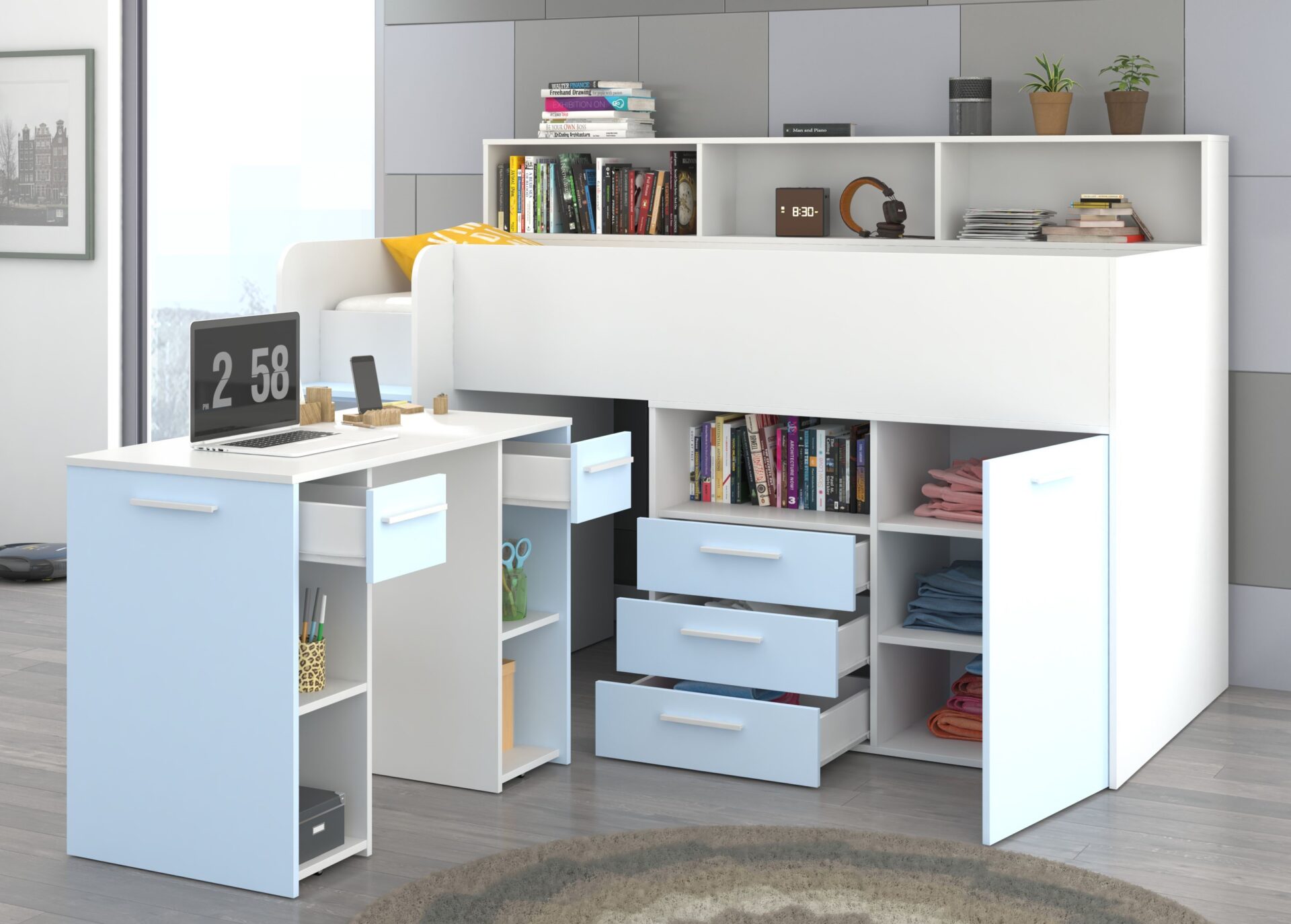 Vaikiška dviaukštė lova jaunimui, antresolė ENO L, balta/mėlyna