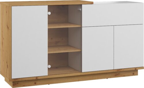 BRITA 08 baldų vitrina su stalčiumi svetainei, dirbtinio ąžuolo spalvos, baltai blizgi