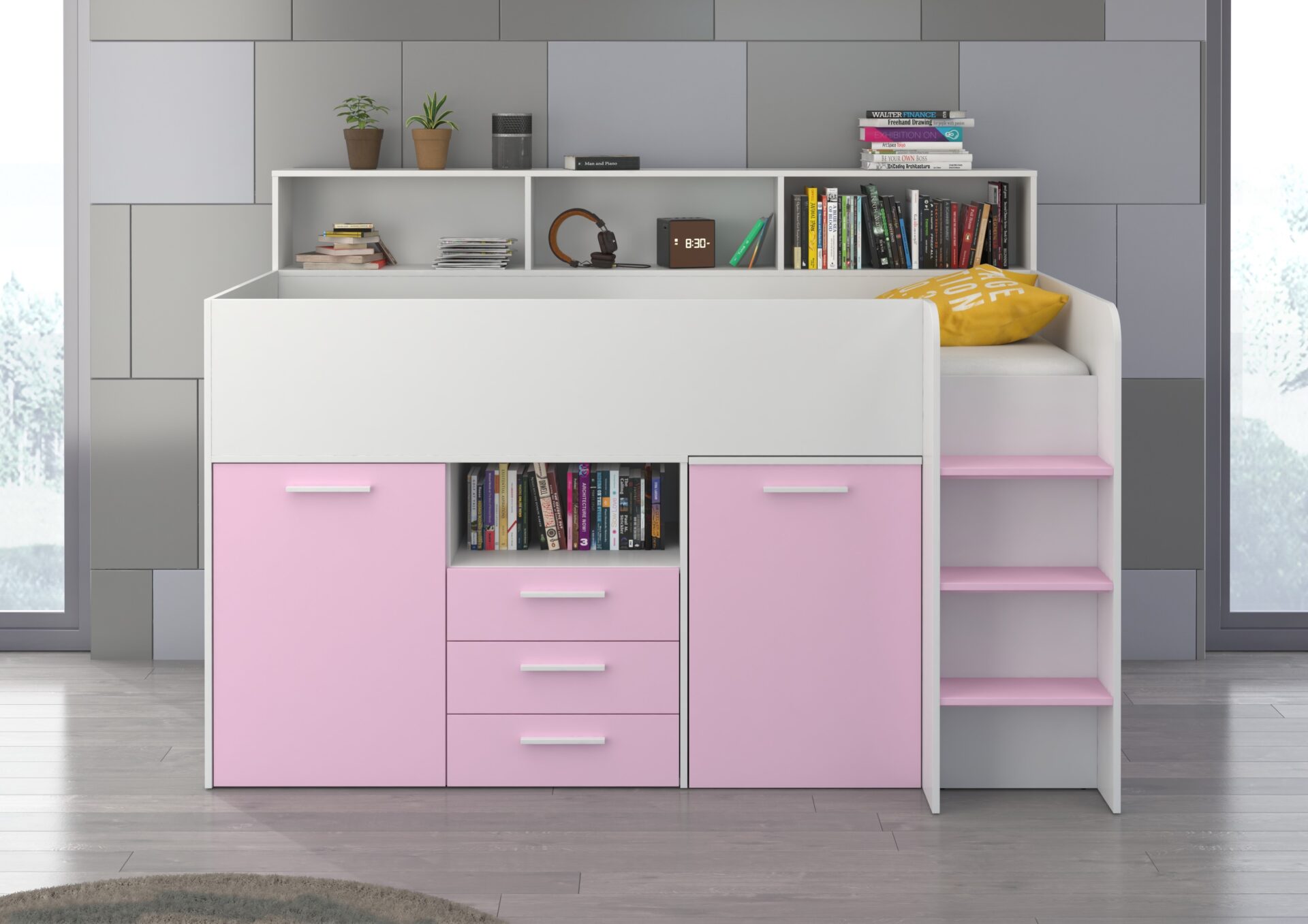 ENO P vaikiška dviaukštė lova jaunimui, antresolė, balta/levandų spalvos