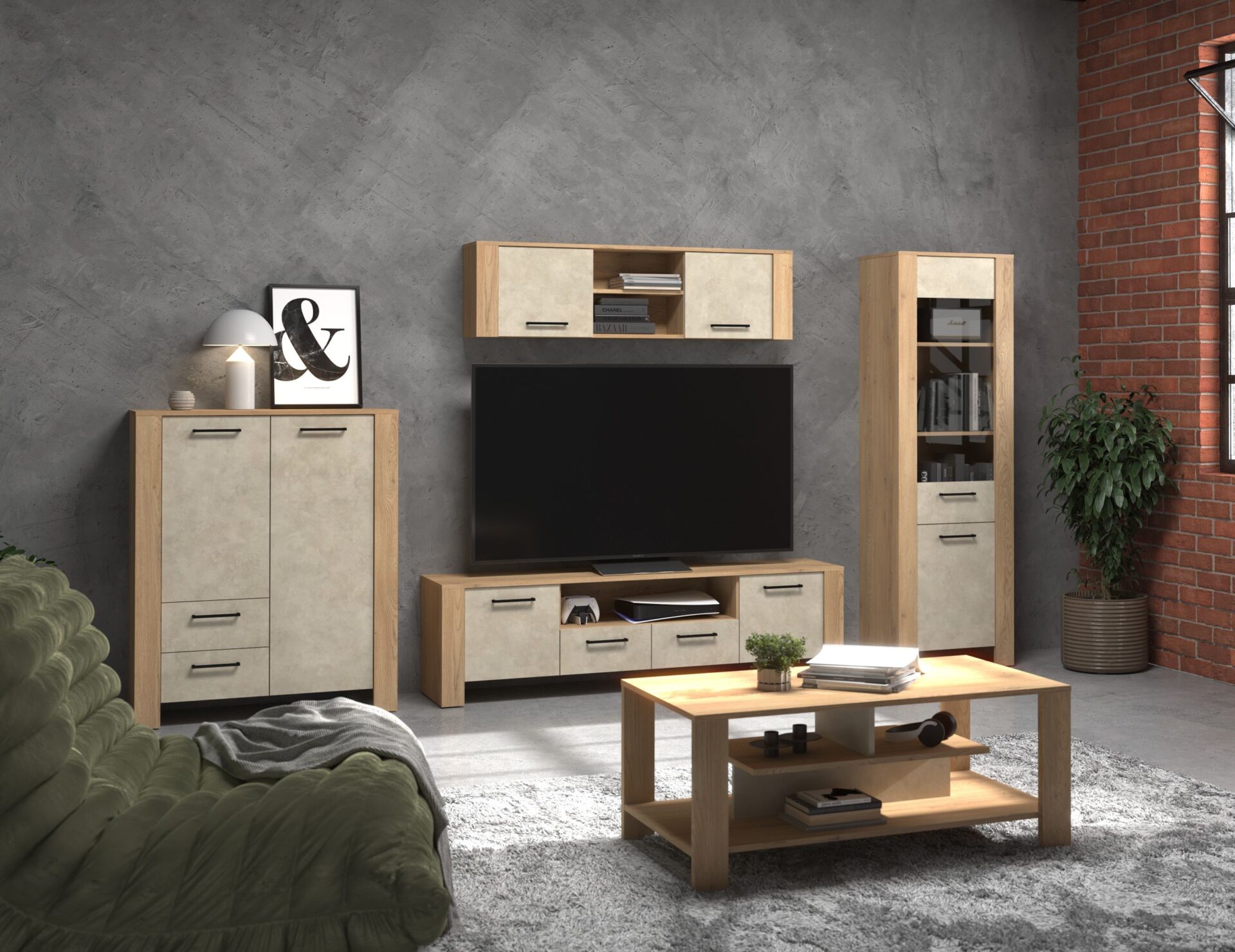 DELIS baldai #2 lentyna, TV staliukas, lentyna, kavos staliukas, Cremona ąžuolas, grm