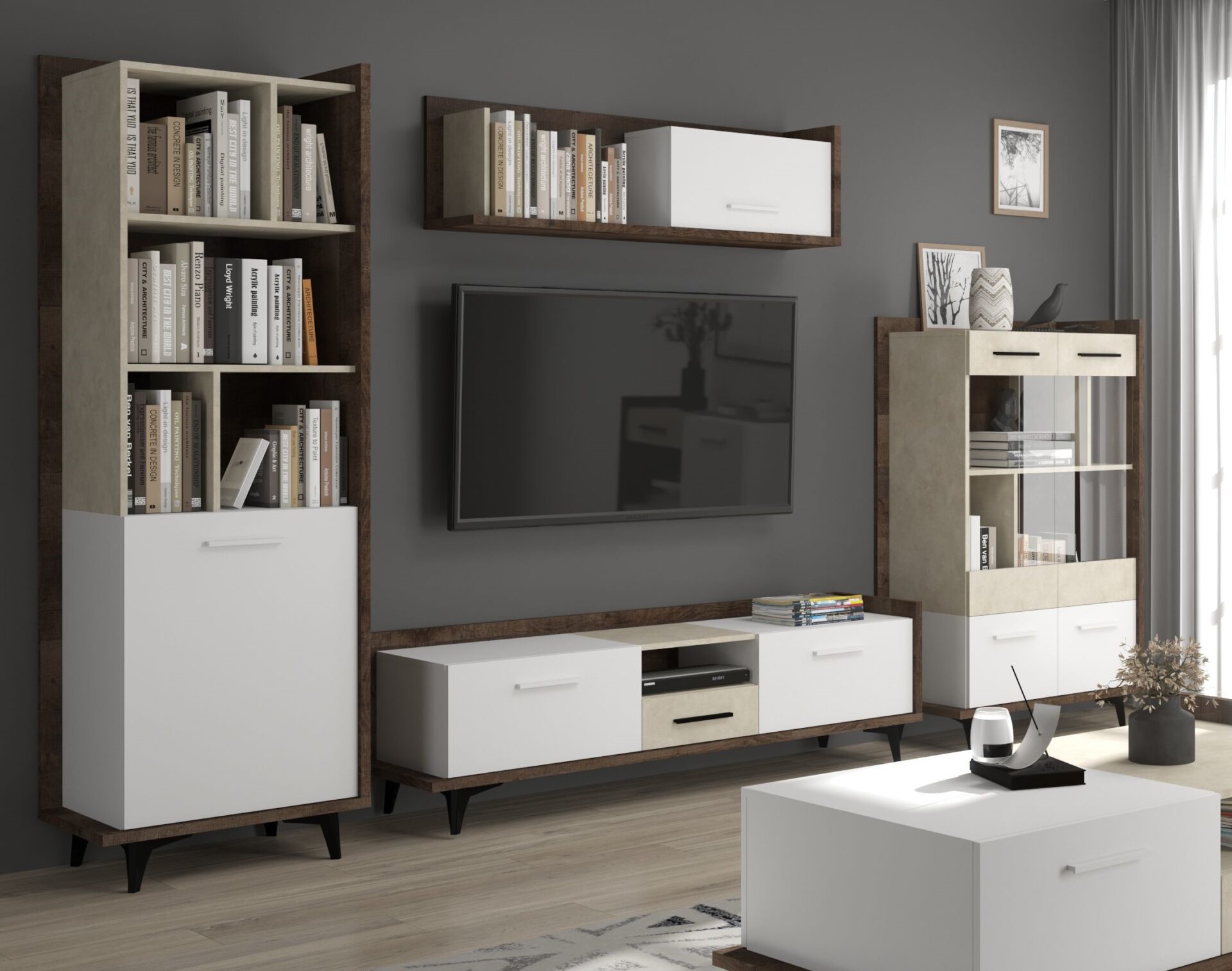 DOX #1 svetainės baldai, sieninė spintelė, knygų lentyna, televizoriaus spintelė, lentyna, vitrina