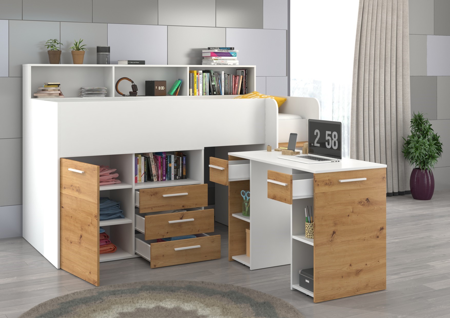 Vaikiška dviaukštė lova jaunimui, antresolė ENO P, balta / ąžuolas