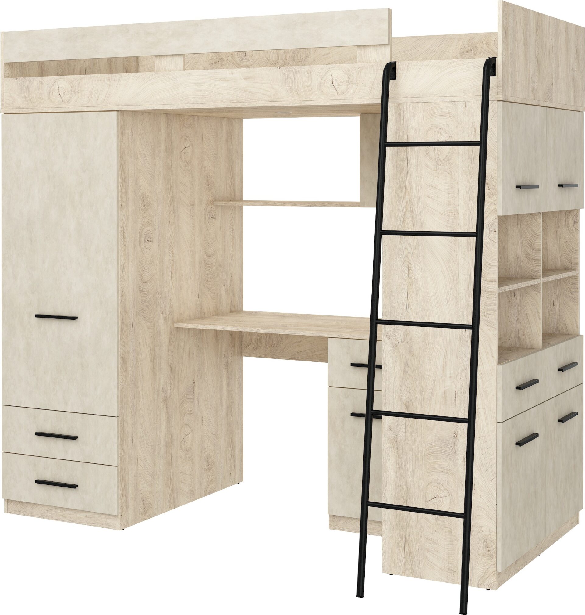 VELVE P dviaukštė lova su antresolėmis ir rašomuoju stalu, drabužių spinta, komoda, graviruoto ąžuolo, migdolo spalvos