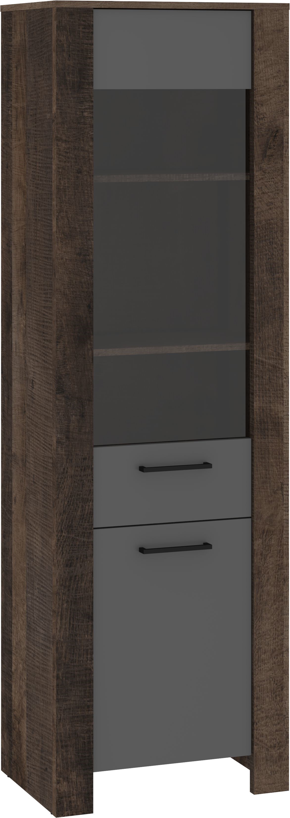 DELIS 15 baldai, aukšta, siaura vitrina svetainei, Grange ąžuolas, grafitas