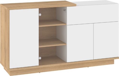 BRITA 08 baldų vitrina su stalčiumi svetainei, kremonos ąžuolas, balta blizgi spalva