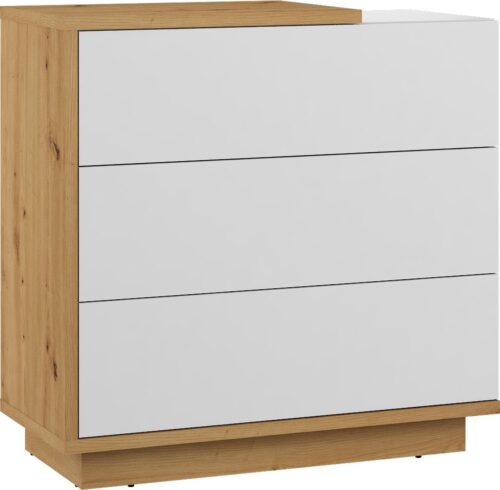 BRITA 09 baldų komoda svetainei, miegamajam, meniško ąžuolo spalvos, baltai poliruota