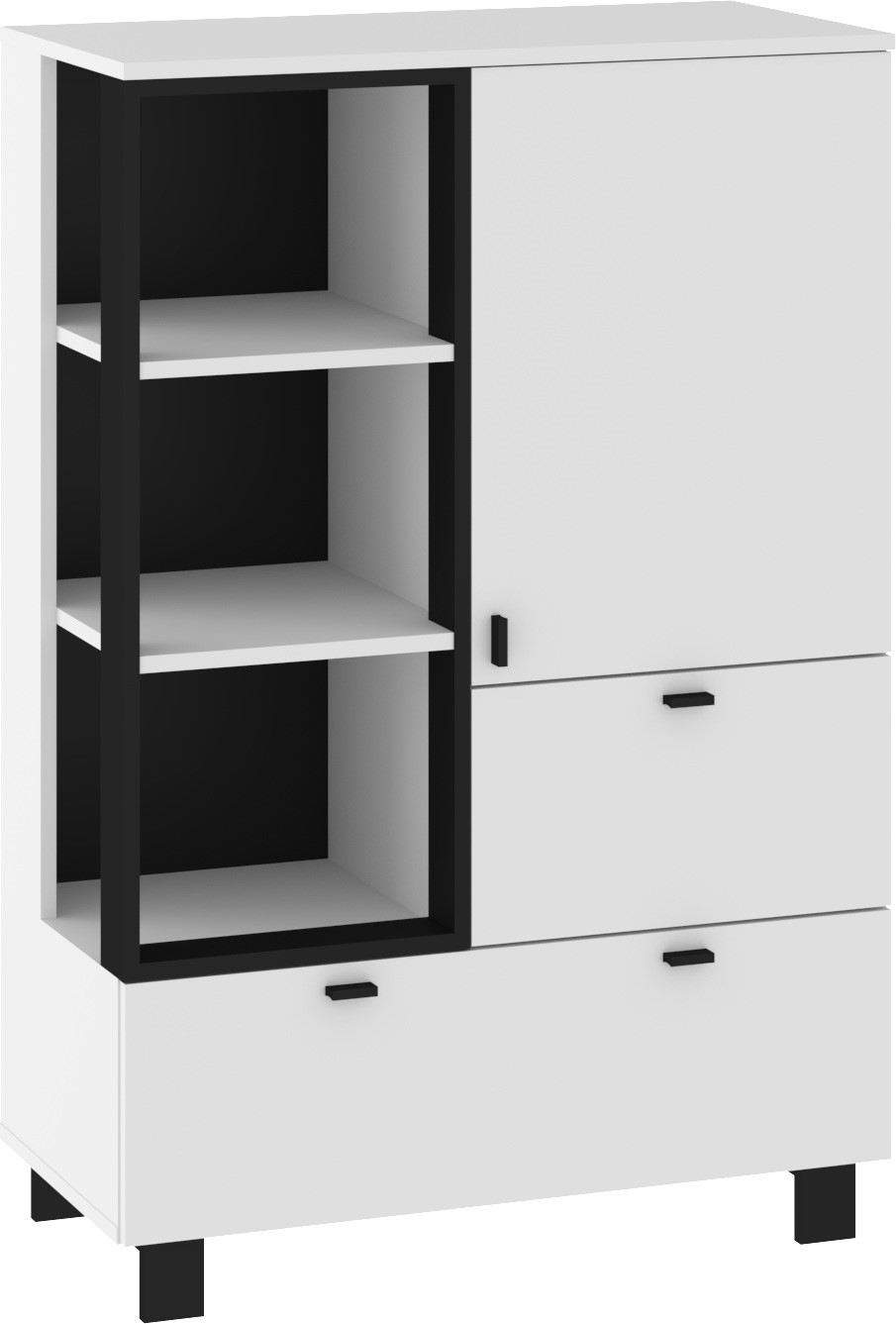 GAVES 06 baldai, žema knygų lentyna su stalčiais, palėpė, balta/juoda