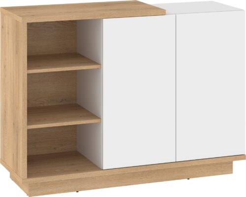 BRITA 05 baldai, komoda su durelėmis ir lentynomis, kremonos ąžuolas, balta blizgi spalva
