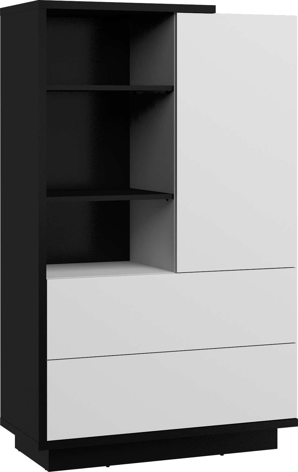 BRITA 17 žema baldų lentyna su stalčiais ir lentynomis, juodai balta, blizgi