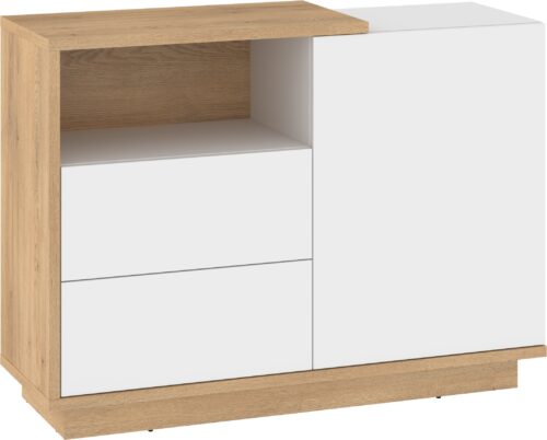 BRITA 03 komoda su durelėmis ir lentyna, kremonos ąžuolas, balta blizgi spalva