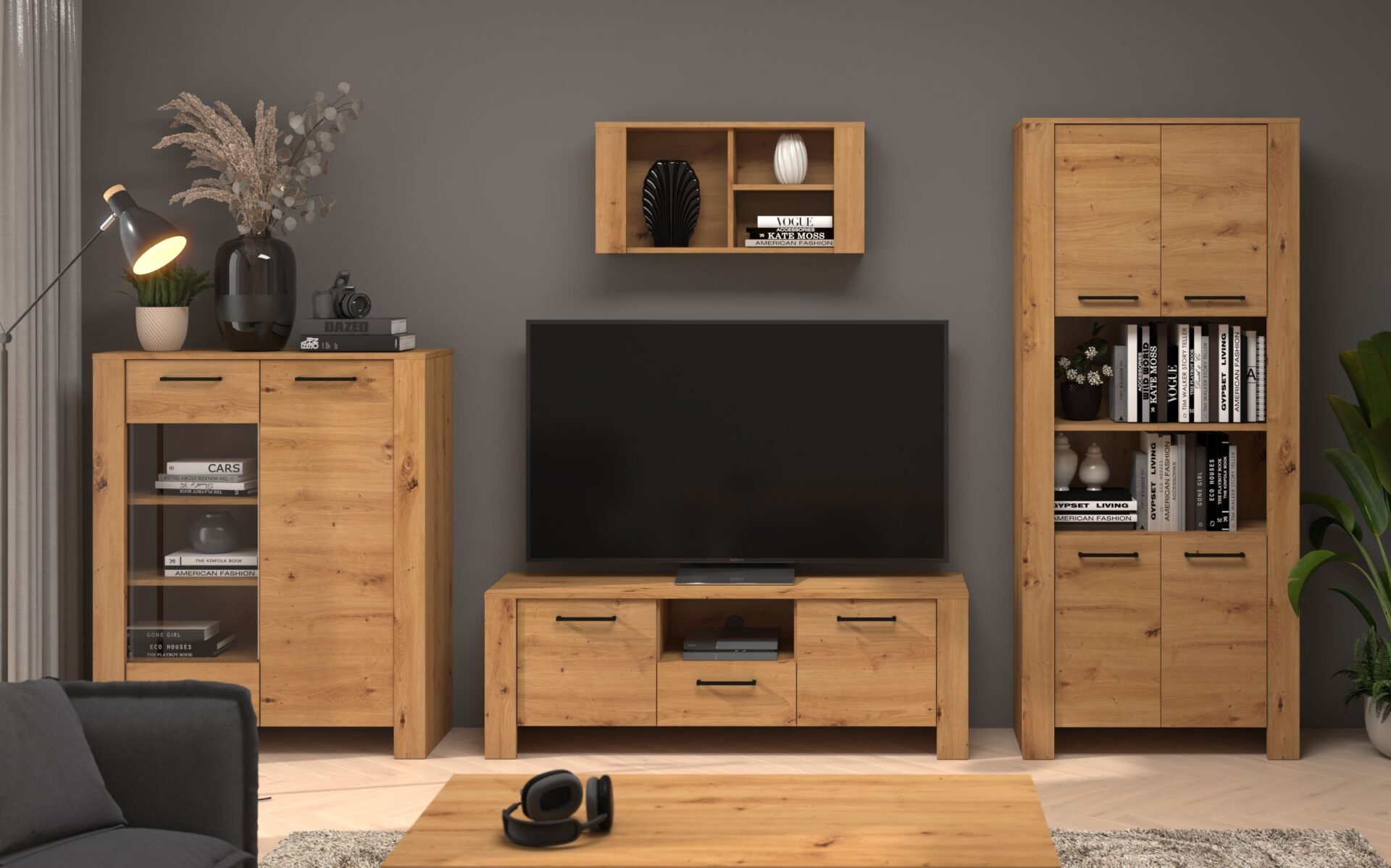 DELIS baldai #1 vitrinos komplektas, TV spintelė, lentyna, ąžuolas