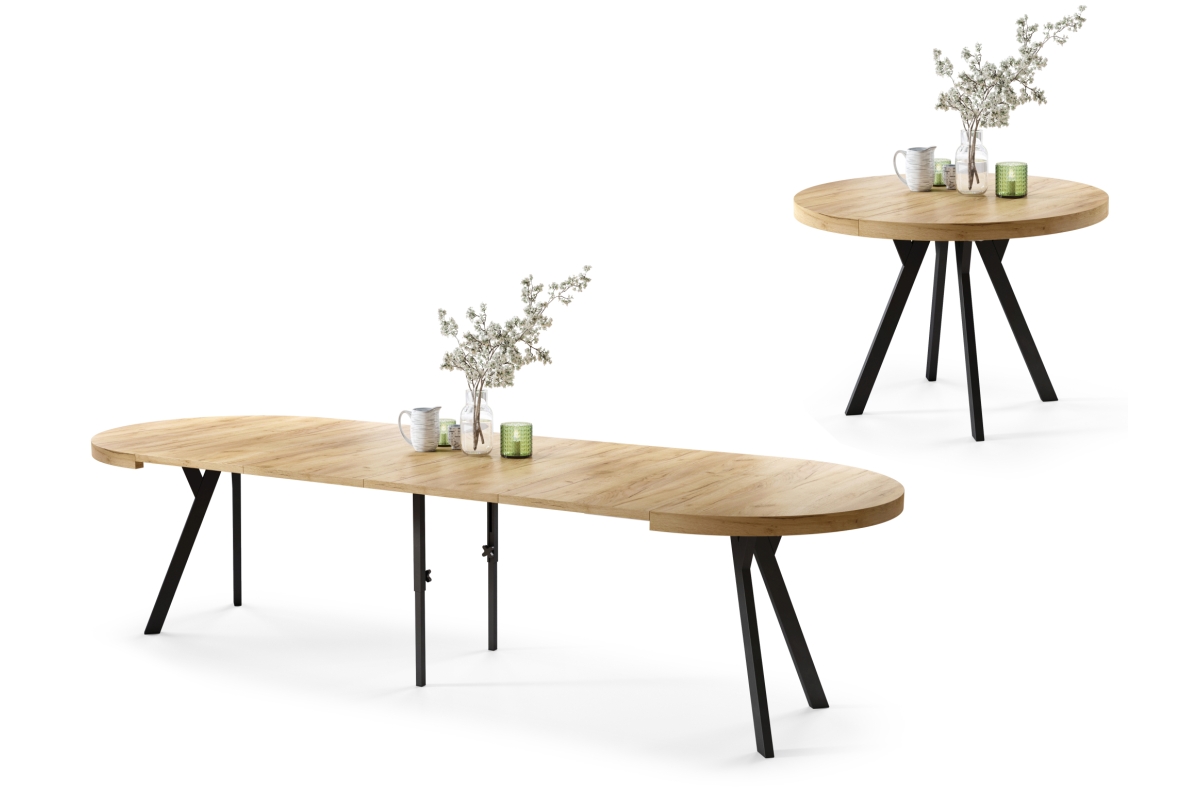 VITO Gold Craft ąžuolo/juodos kojos - DIDELIS APVALUS STALAS Ø110, IŠTRAUKIAMAS IKI 310 CM SU Y FORMOS KOJOMIS, PALĖPĖS/PRAMONINIS STILIUS