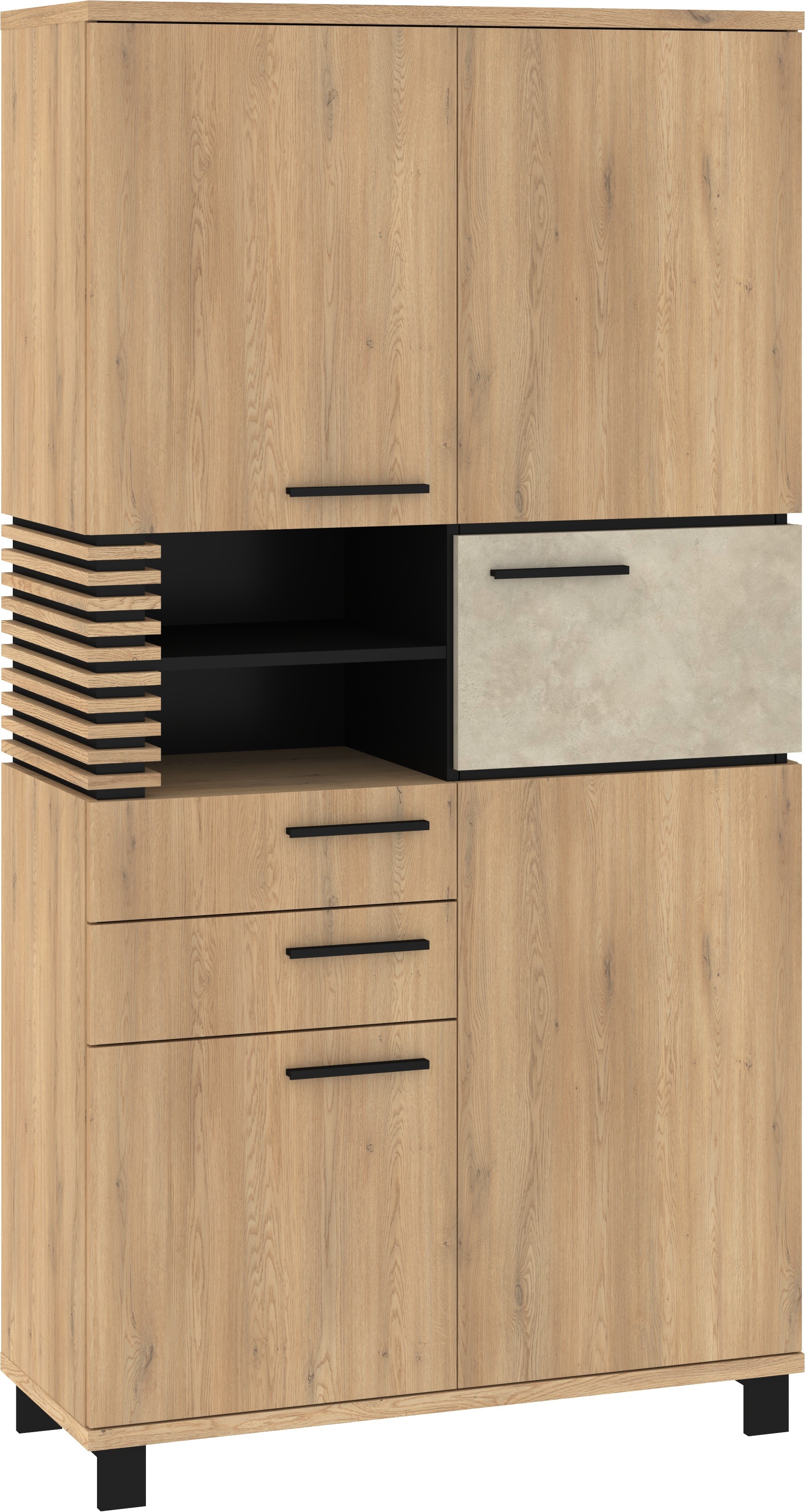 MILAR 12 baldų spinta su stalčiais, 3d2s, kremonos ąžuolo, granados, migdolų / juodos spalvos