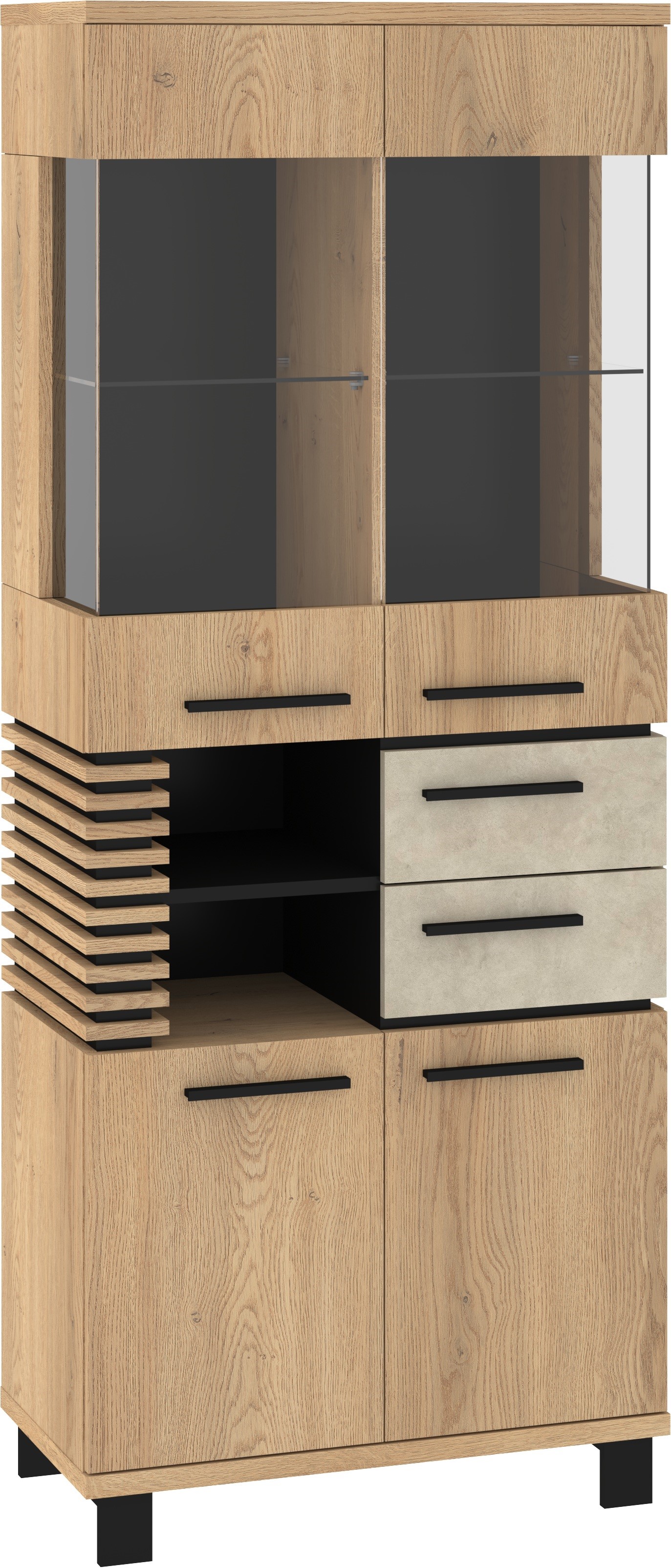 MILAR 14 žema vitrina svetainei, 2 vnt., Kretos ąžuolo, Granados, migdolų juodumo spalvos