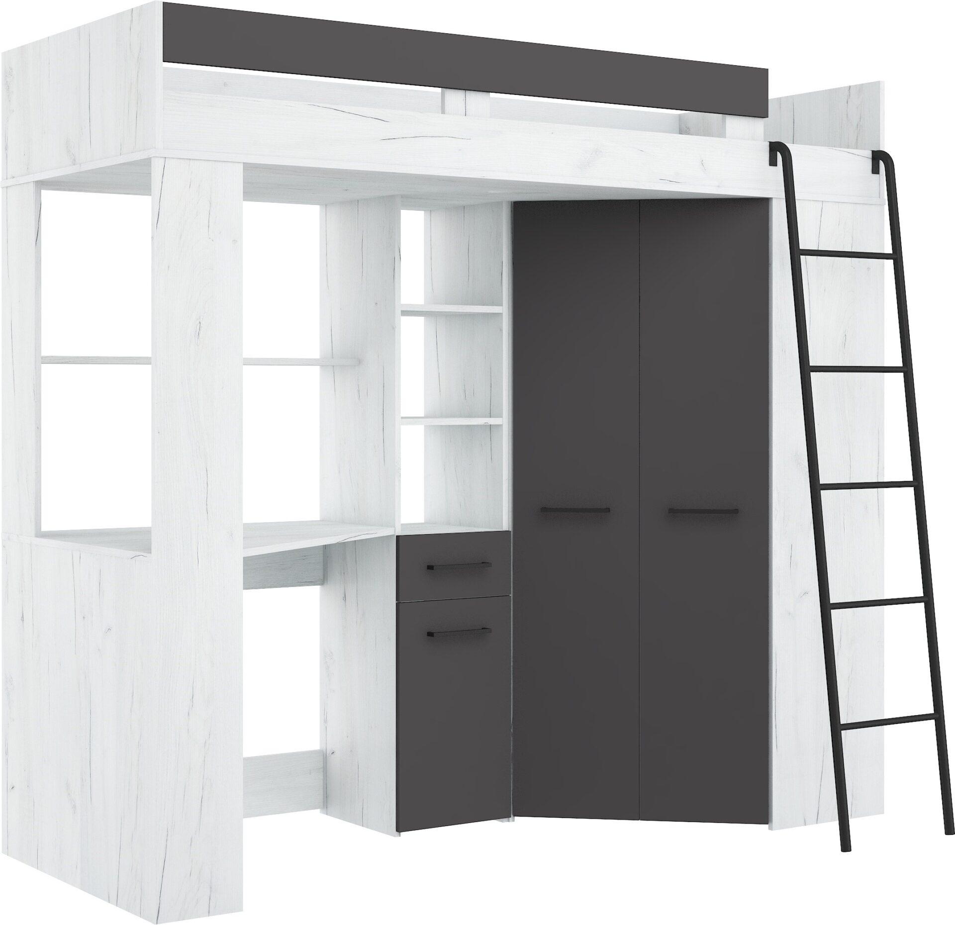 FLO P craft balto grafito dviaukštė lova su stalu, kampinė spinta, antresolė