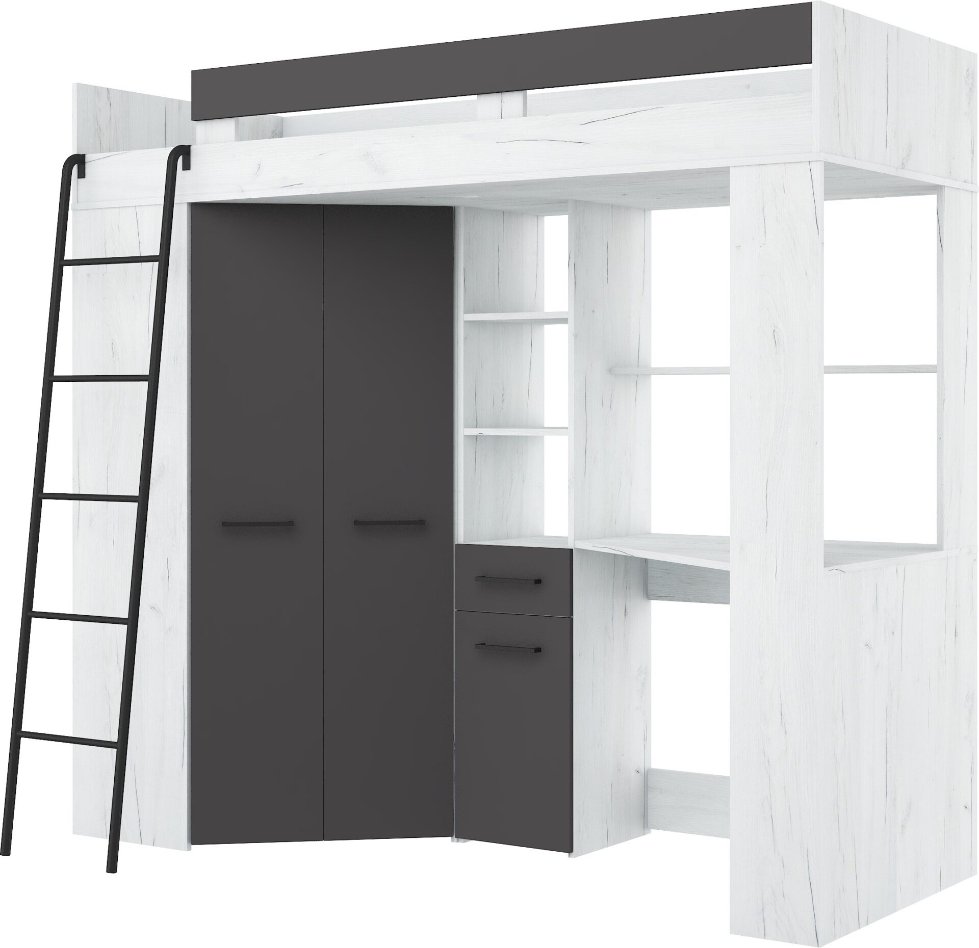 Dviaukštė lova su stalu, kampinė spinta, antresolė FLO L craft baltas grafitas