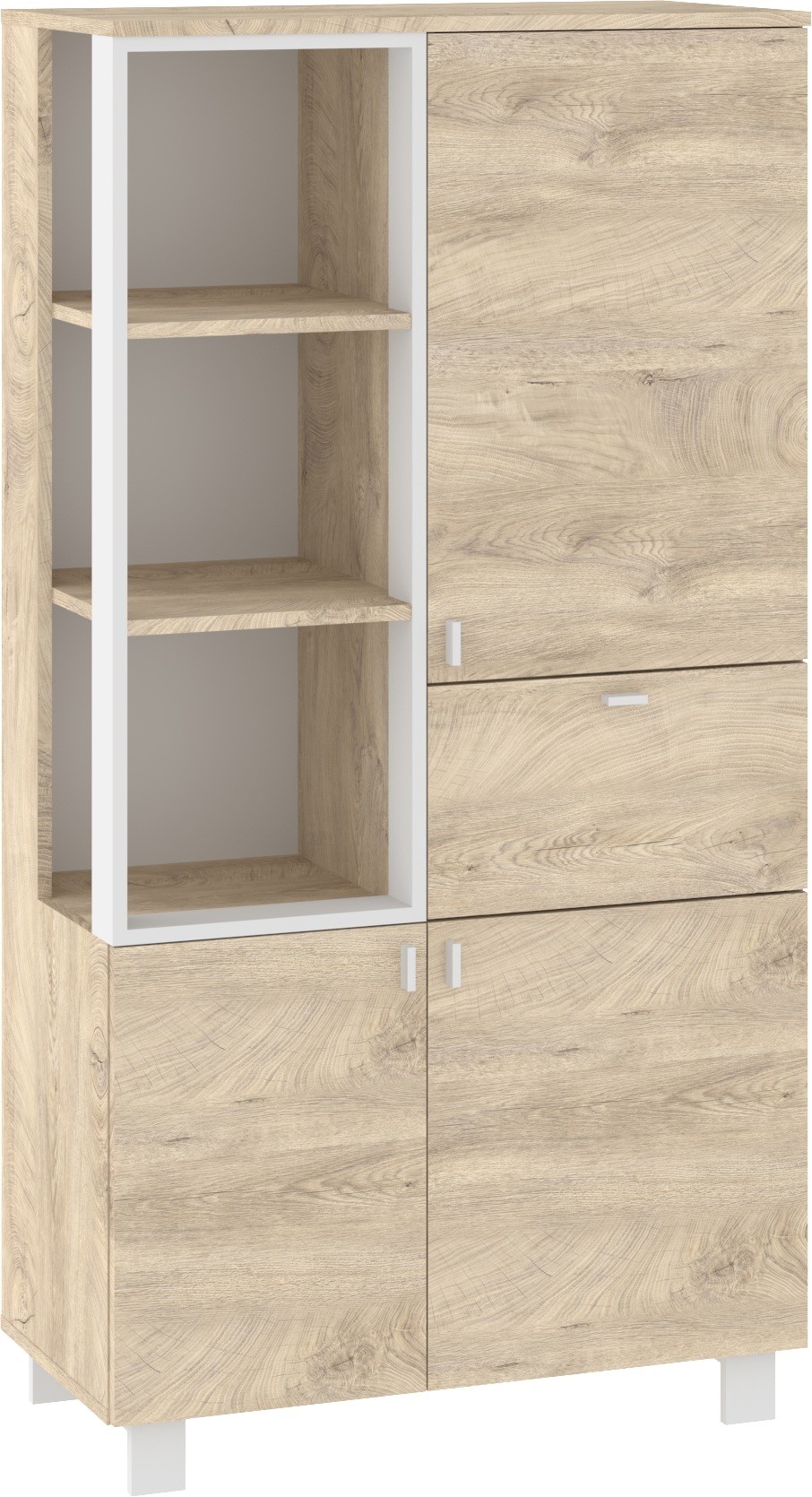 GAVES 09 baldai, palėpės lentynų spintelė svetainei, ąžuolo imitacija, balta