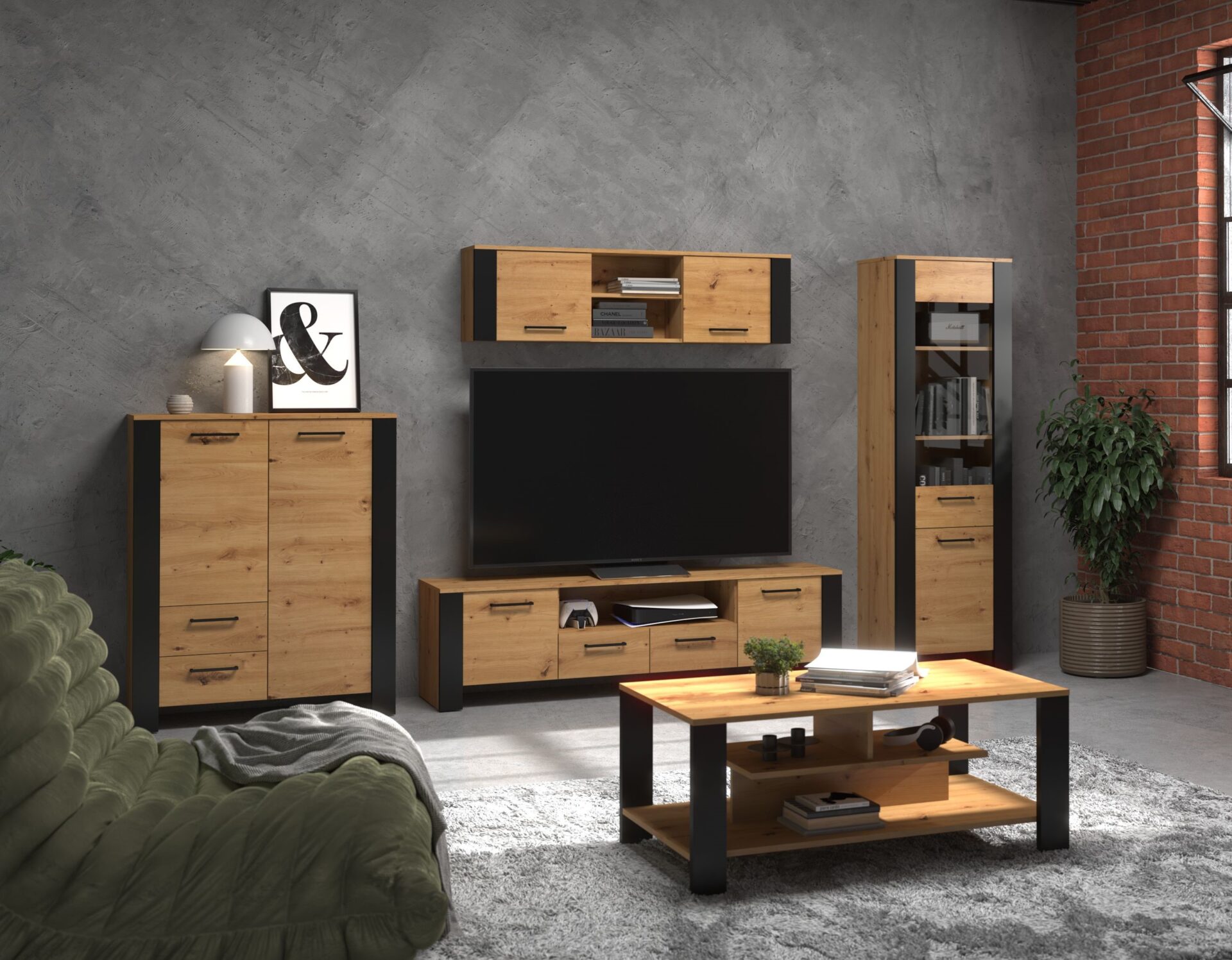 DELIS baldai #2 lentyna TV spintelė lentyna kavos staliukas meniškas ąžuolas juodas