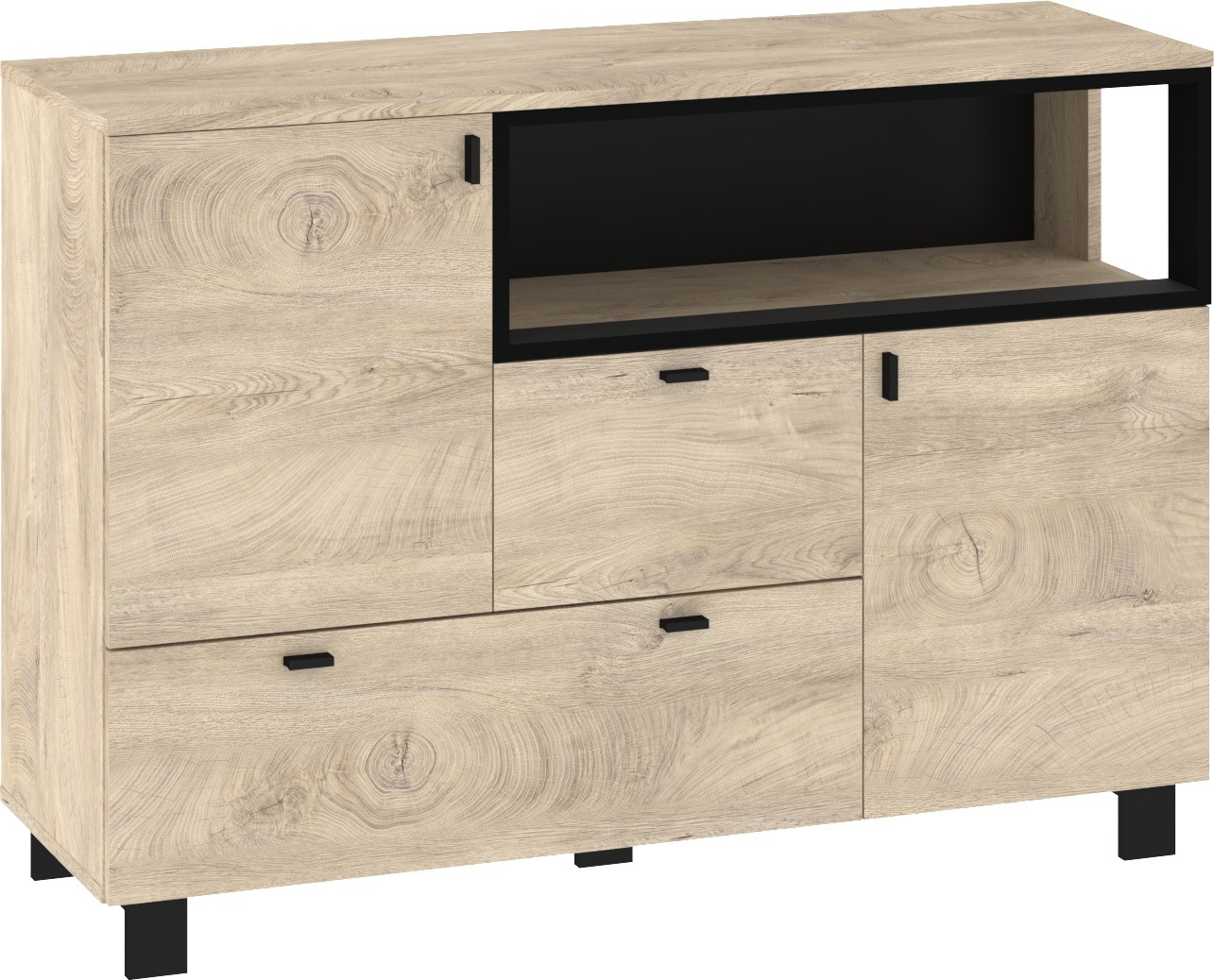 GAVES 02 baldai, didelė komoda su durelėmis svetainei, juodo ąžuolo imitacija