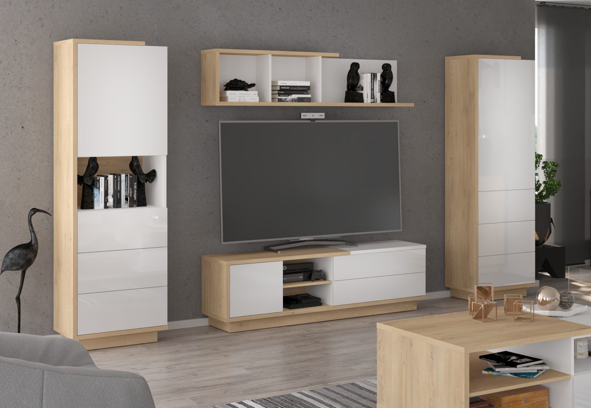 BRITA baldai #3 sieninė spintelė, knygų lentyna, TV spintelė, lentyna, ąžuolas „Cremona“, balta blizgi spalva