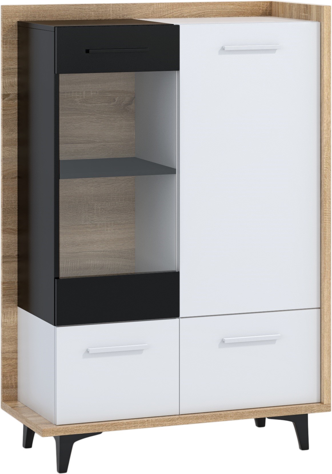 DOX 13 baldai, žema vitrina svetainei su durelėmis, Sonoma ąžuolas, balta, juoda