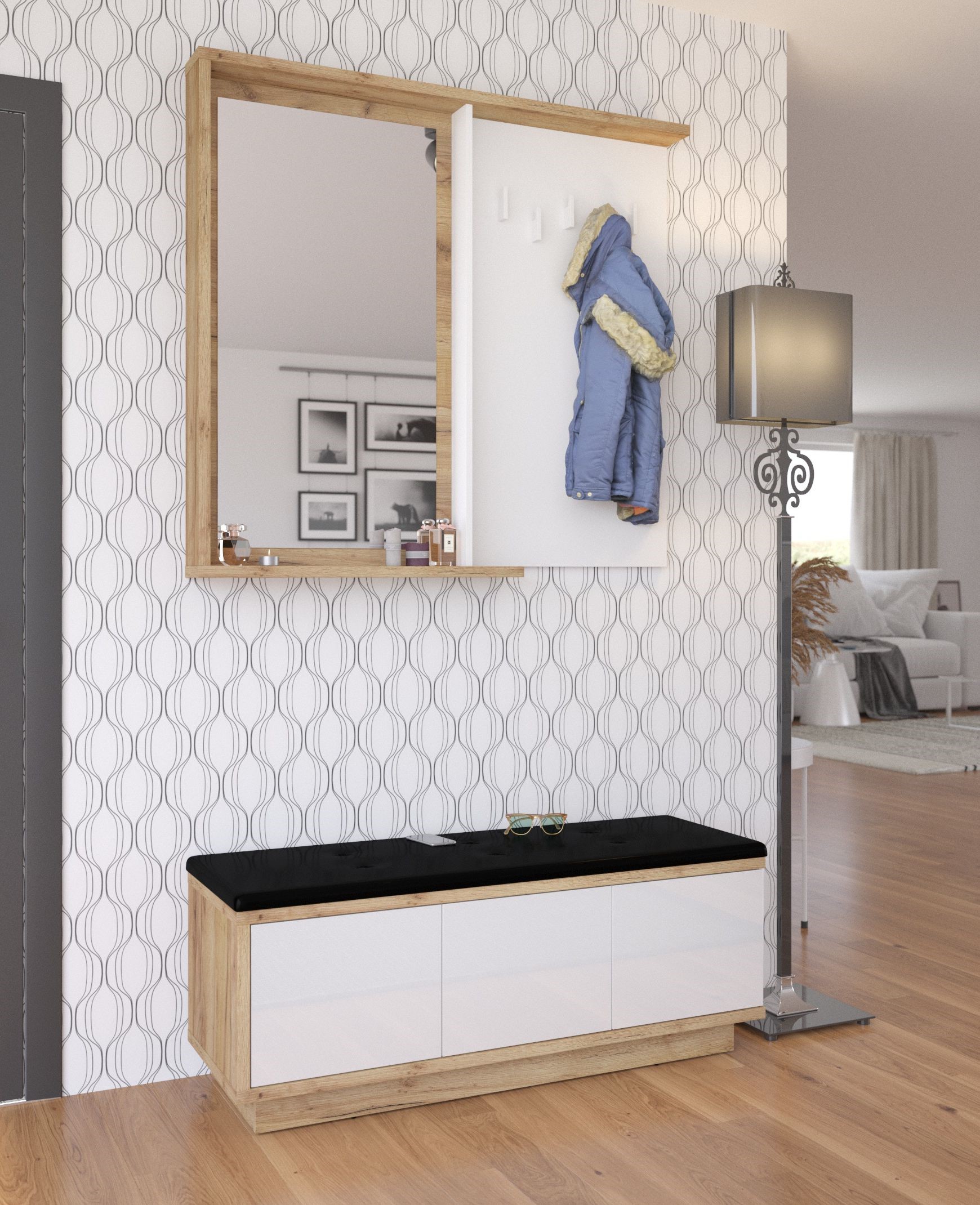 BRITA baldai Nr. 5 prieškambaris su veidrodžiu, spintelė su sėdyne, ąžuolas, aukso balta