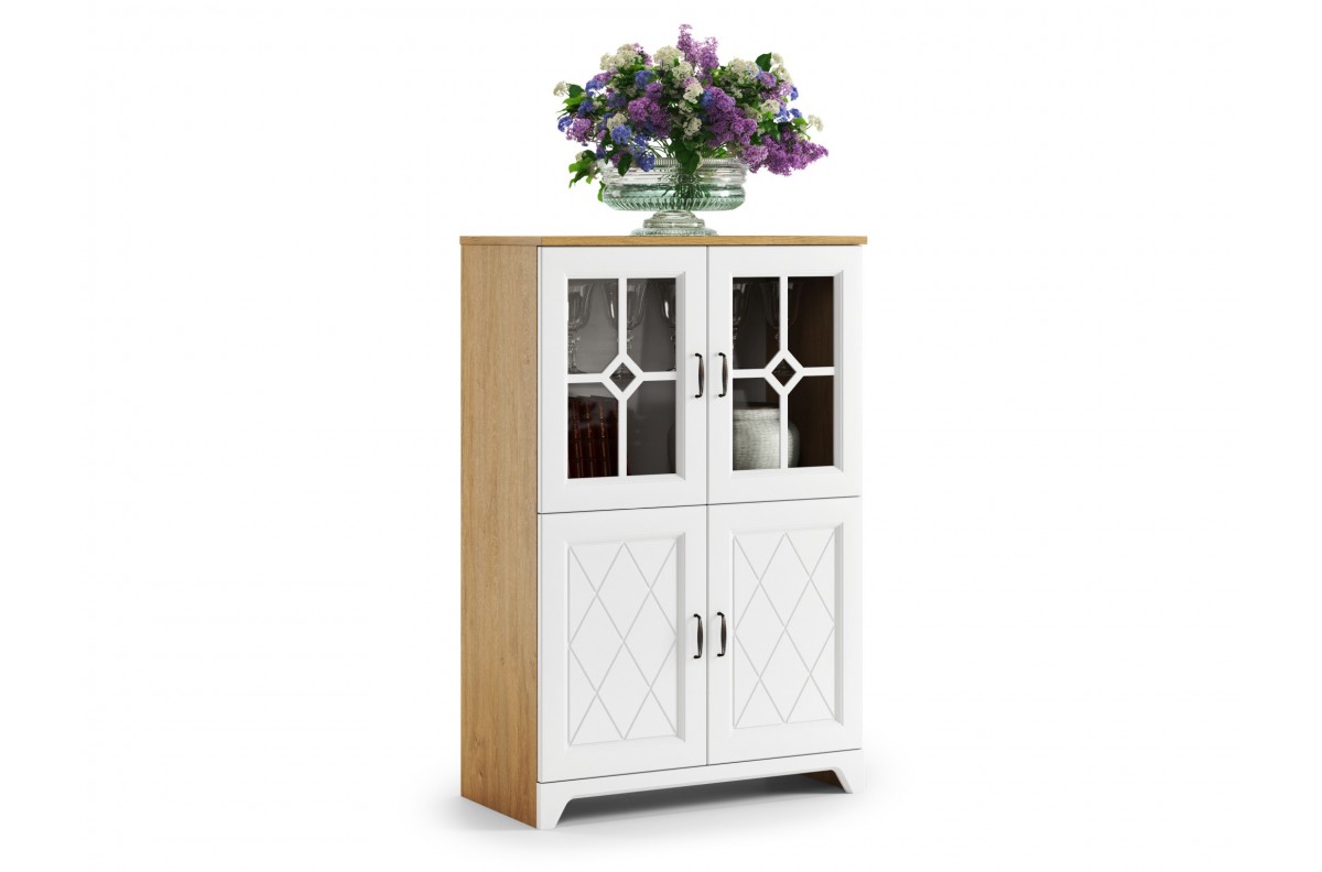 PROVENZA KWND4 žema vitrina, akmens ąžuolo spalvos/matinė balta - GRINDINĖ SPINTELĖ SU 4 DURIMIS RETRO KOMODA