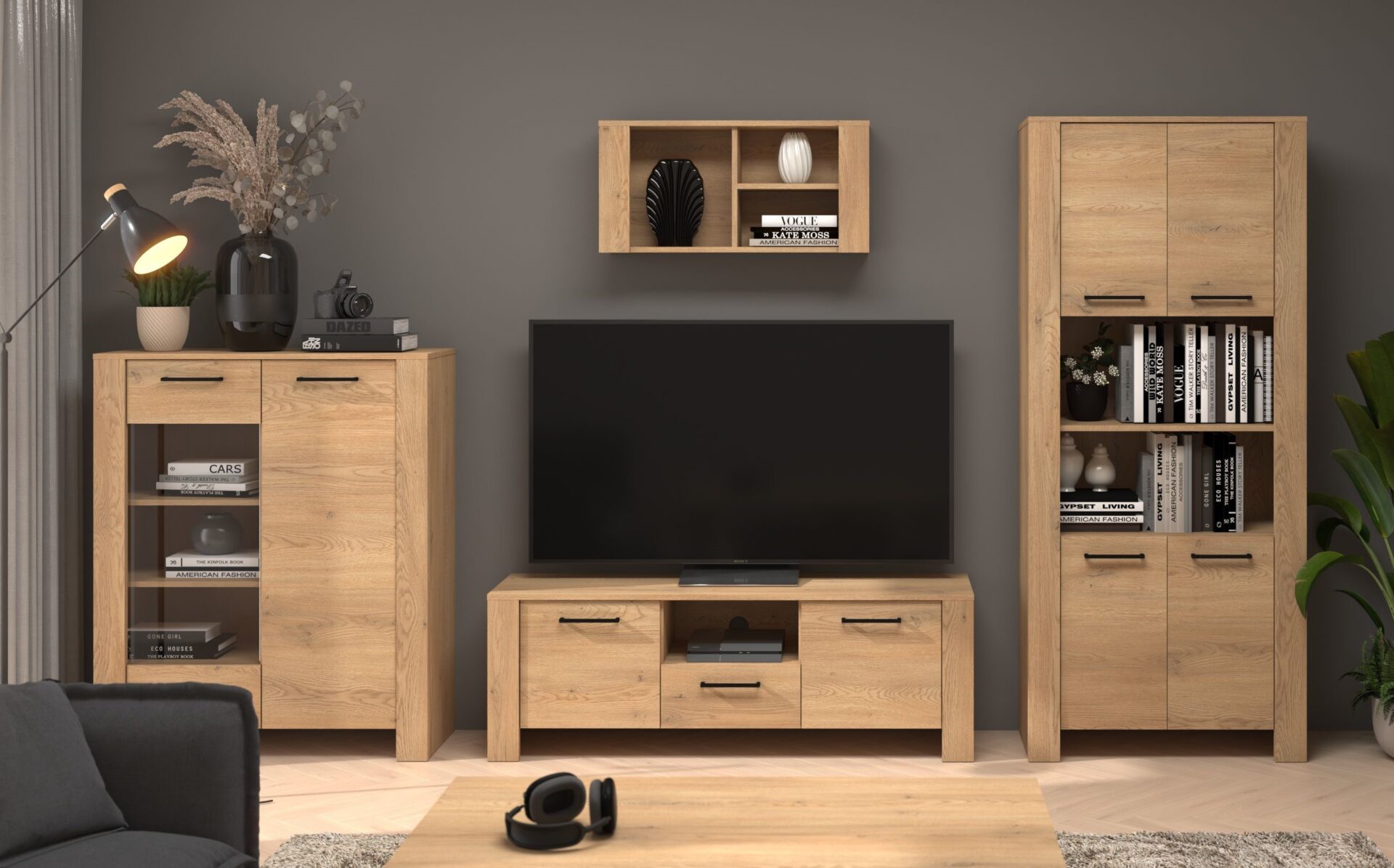 DELIS baldai #1 komplektas: vitrina, televizoriaus spintelė, lentyna, ąžuolas „Cremona“