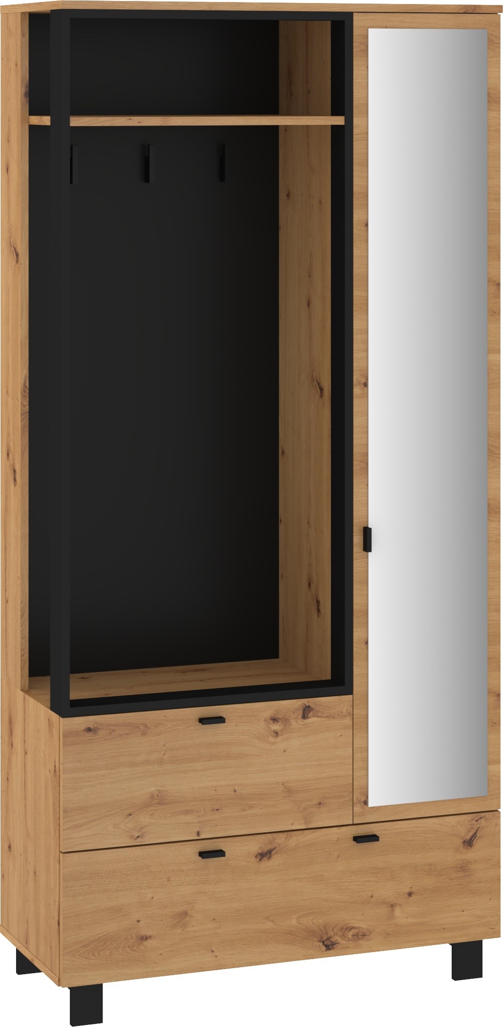 GAVES 05 baldų prieškambario spinta su veidrodžiu, palėpėje, artisan ąžuolas, juodas