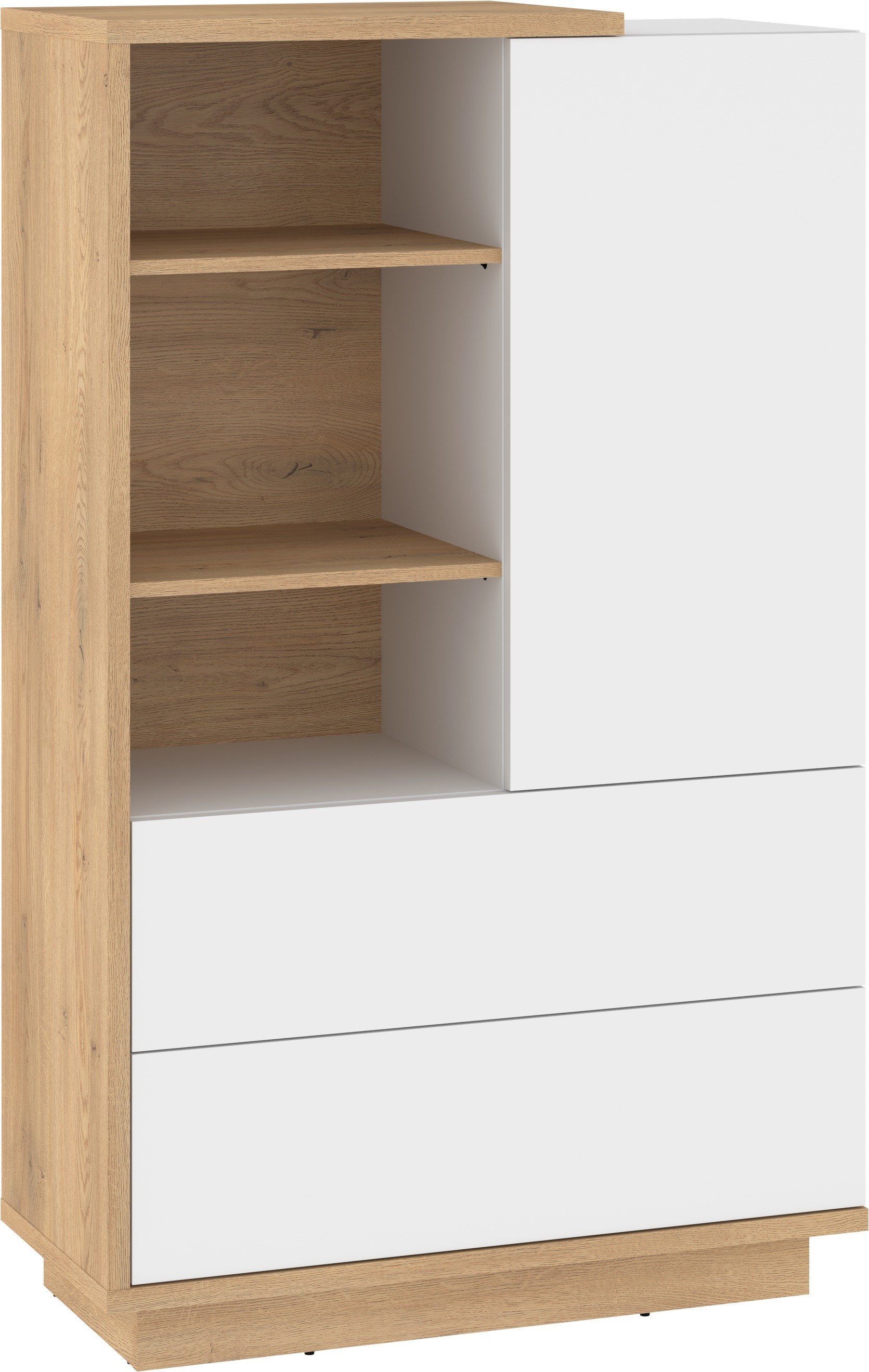 BRITA 17 žema knygų lentyna su stalčiais ir lentynomis, kremonos ąžuolas, blizgi balta