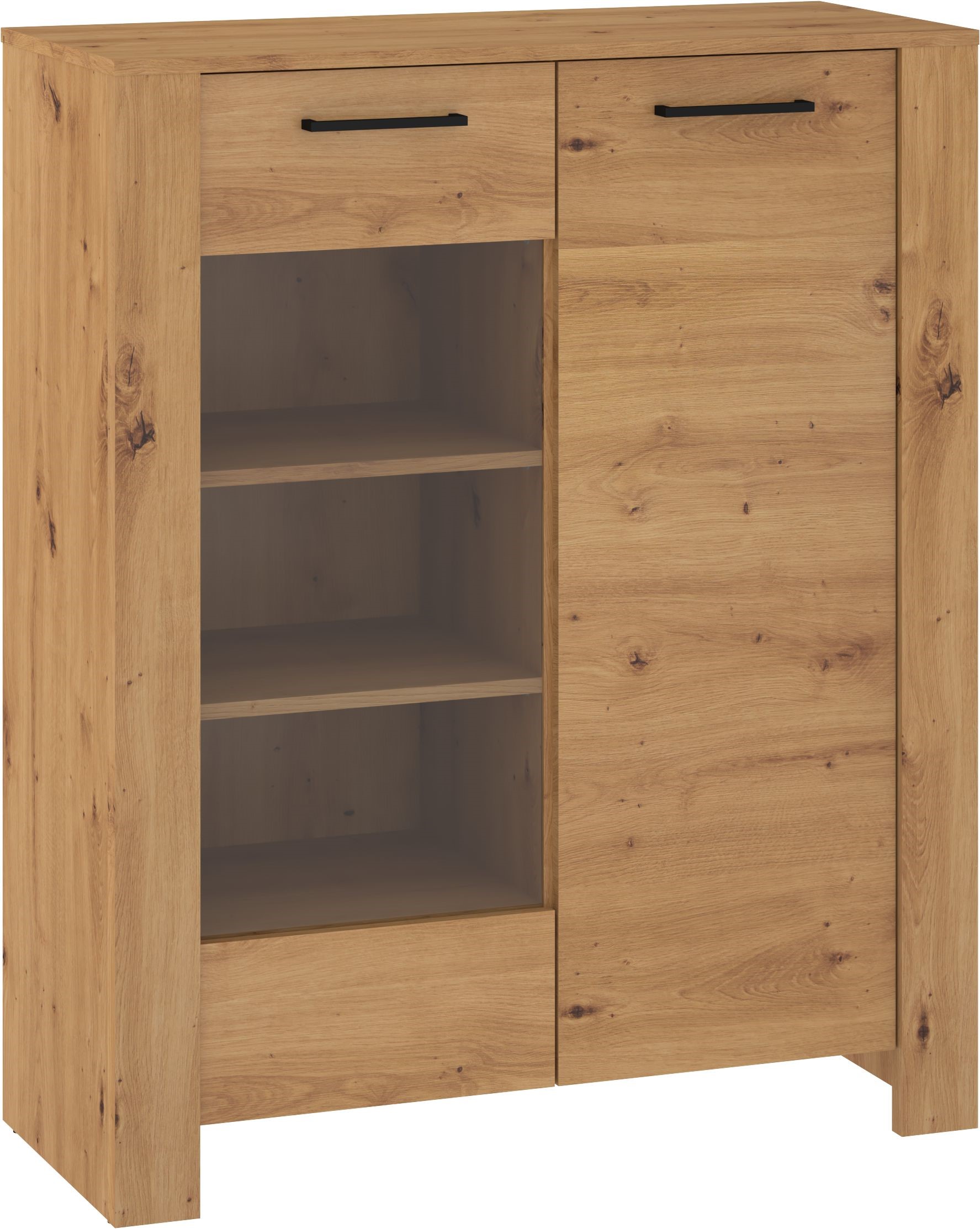 DELIS 14 baldai, žema vitrina svetainei, ąžuolas