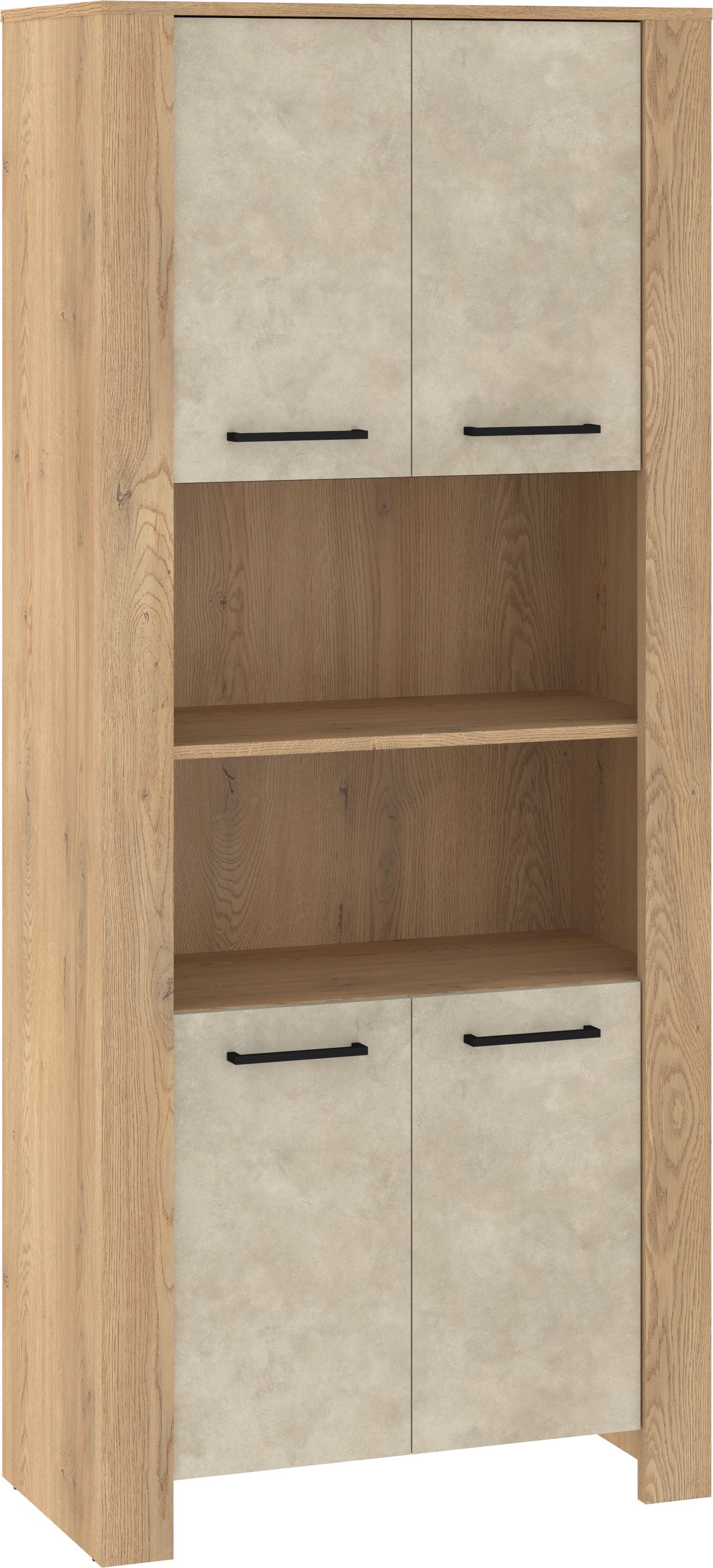 DELIS 09 baldai, aukšta knygų lentyna su durelėmis, lentynos, ąžuolas „Cremona“, „Granada“, migdolų spalva