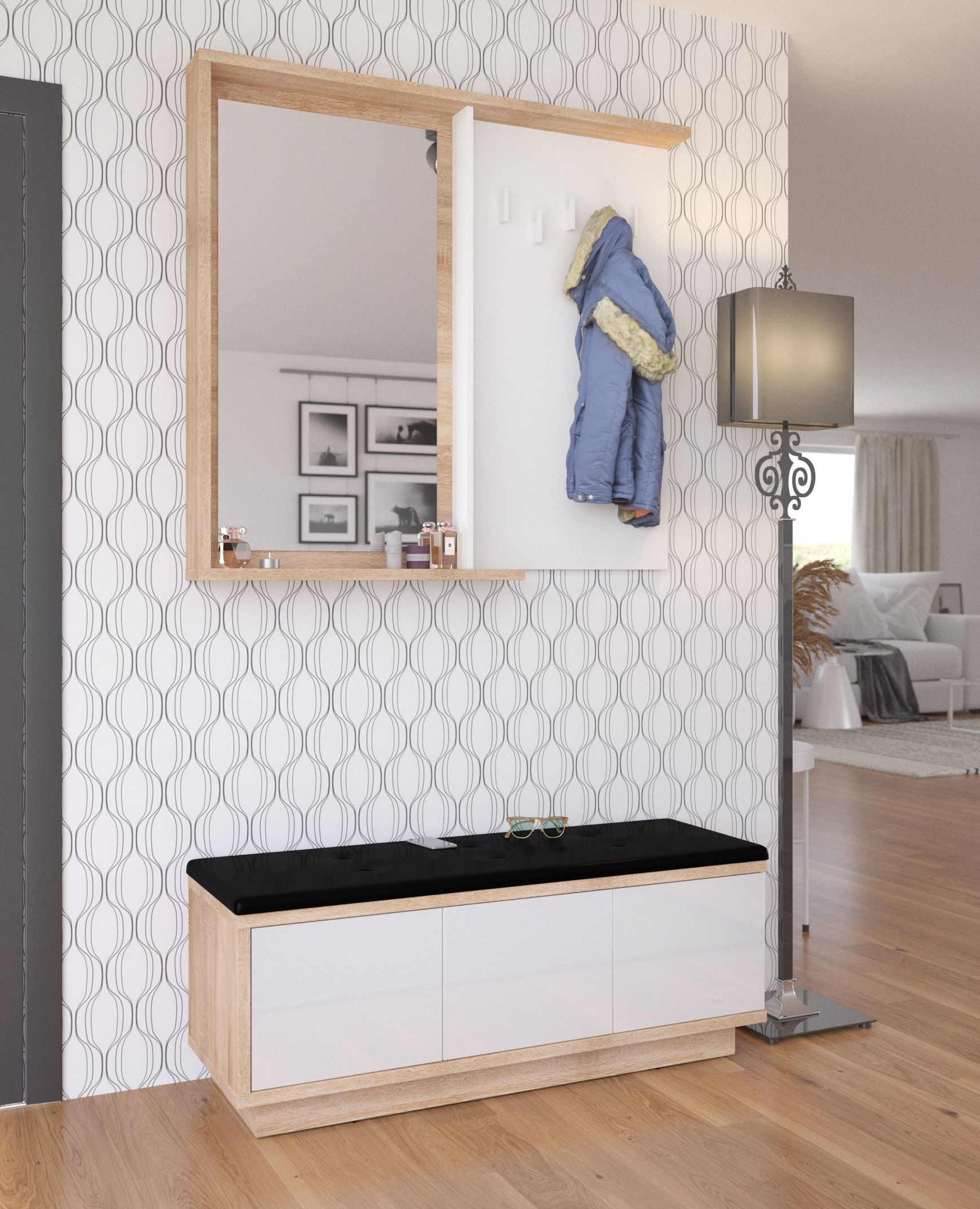 BRITA baldai #5 prieškambaris su veidrodžiu, spintelė su sėdyne, Sonoma ąžuolas, balta