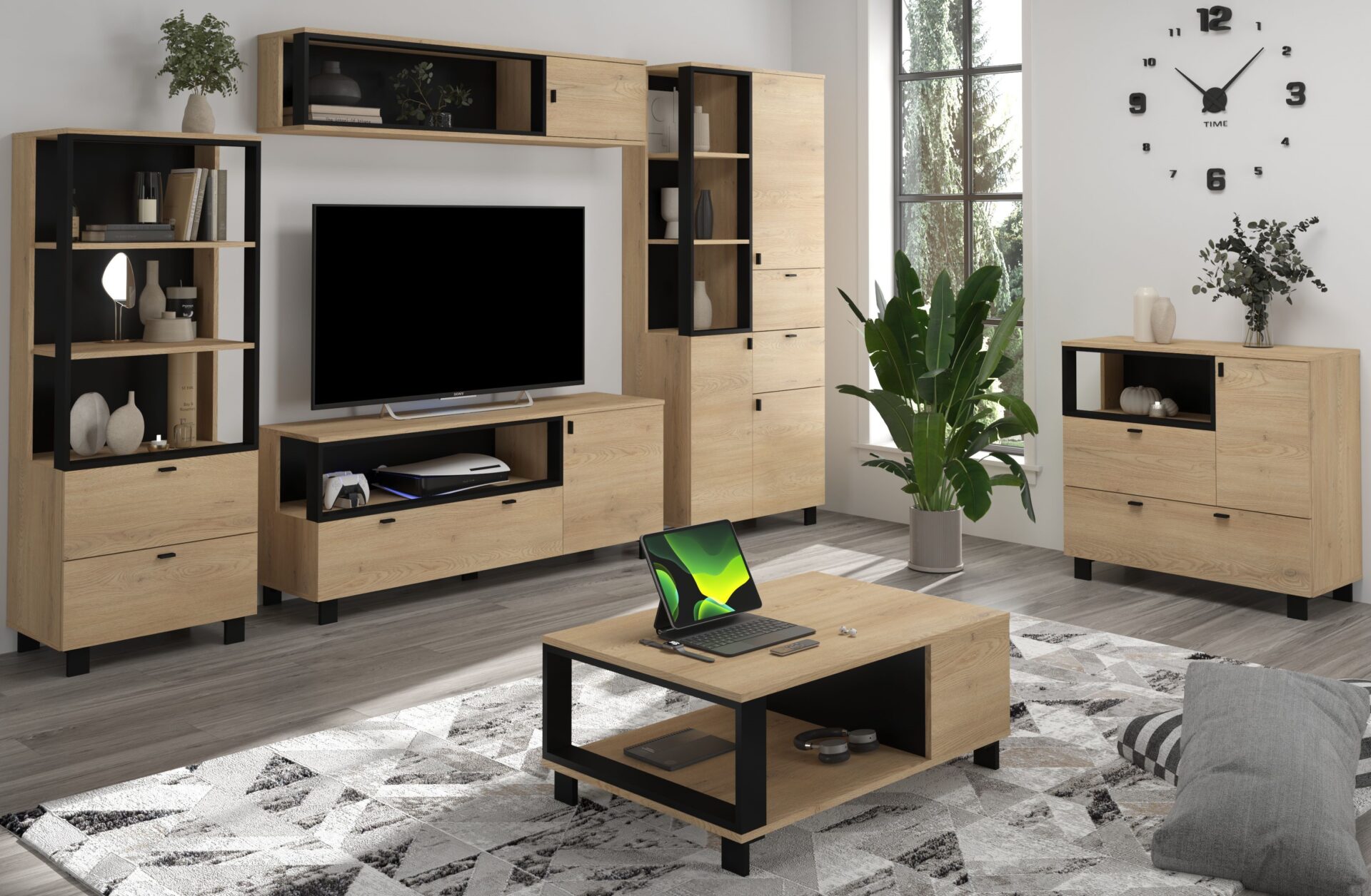 GAVES #7 svetainės baldai: knygų lentyna, televizoriaus spintelė, komoda, pakabinama lentyna, kavos staliukas