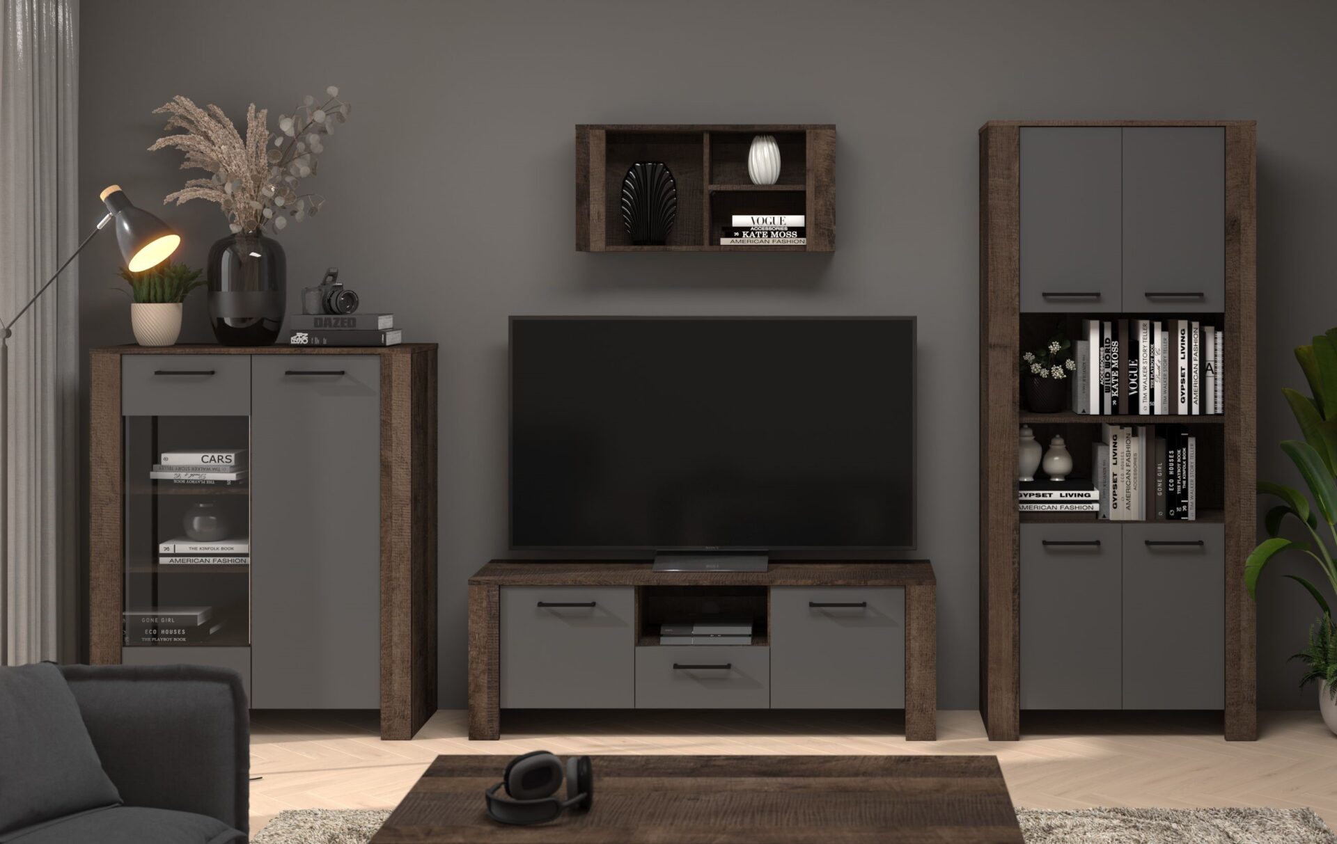 DELIS baldai #1 komplektas: vitrina, televizoriaus spintelė, lentyna, ąžuolas, granido spalvos, grafitas