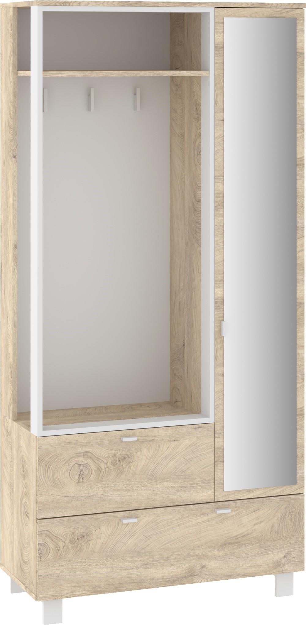GAVES 05 baldų prieškambario spinta su veidrodžiu, palėpės formos, ąžuolo imitacijos, balta