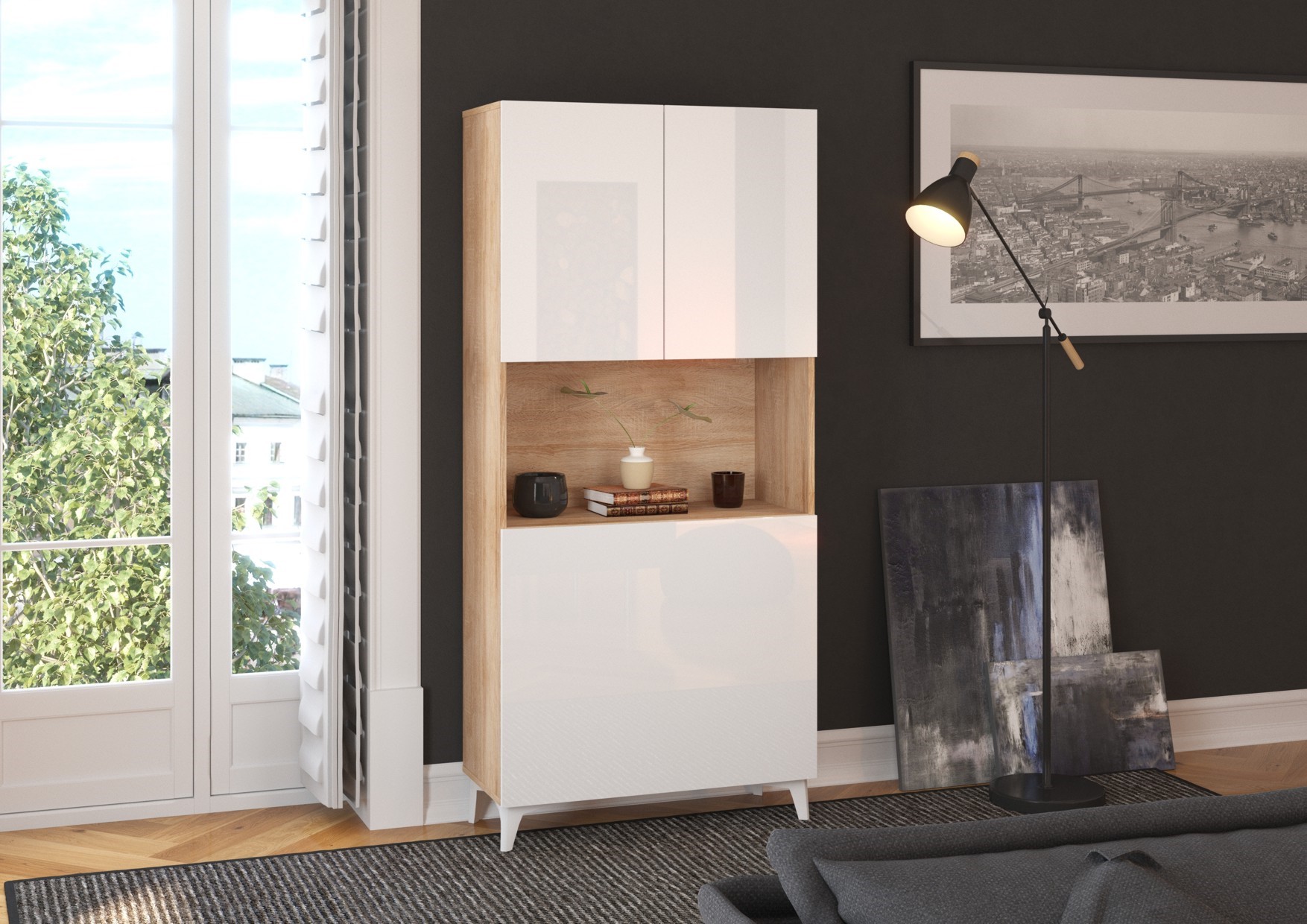 MEGI baldai 1 lentyna + stalas Sonoma ąžuolas / balta poliruota