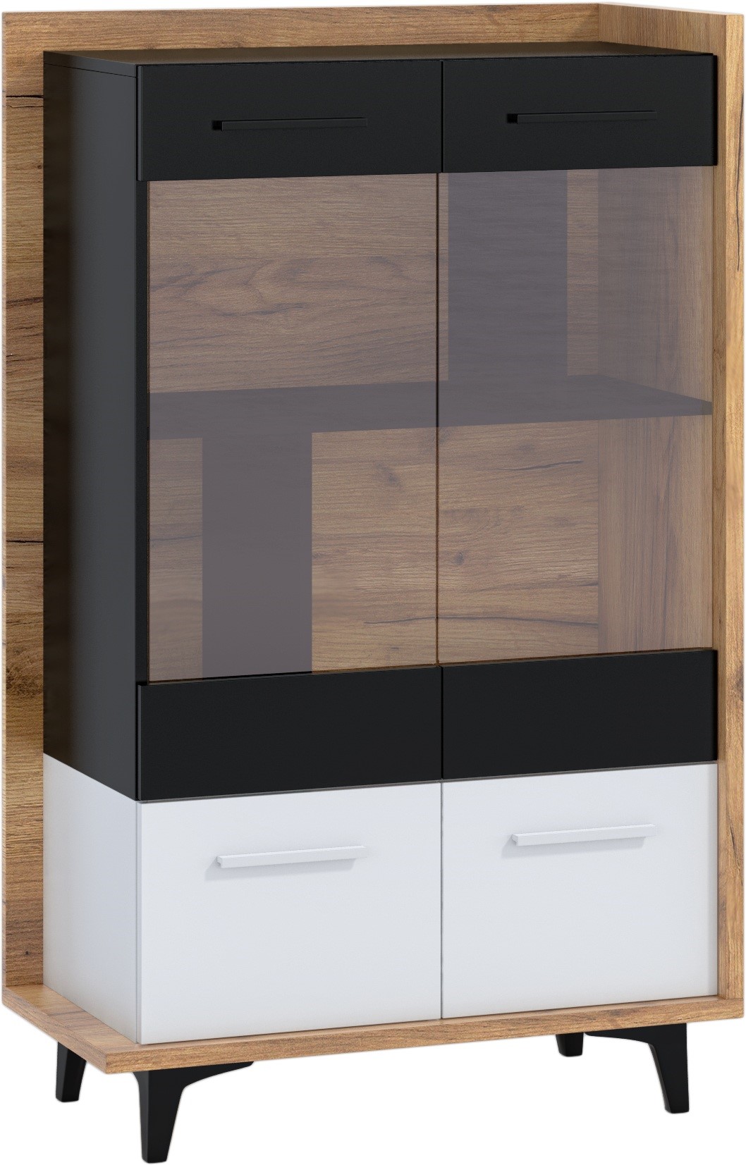 DOX 12 baldai, žema vitrina svetainei su durelėmis, dirbtinio ąžuolo spalvos, auksinė, balta, juoda