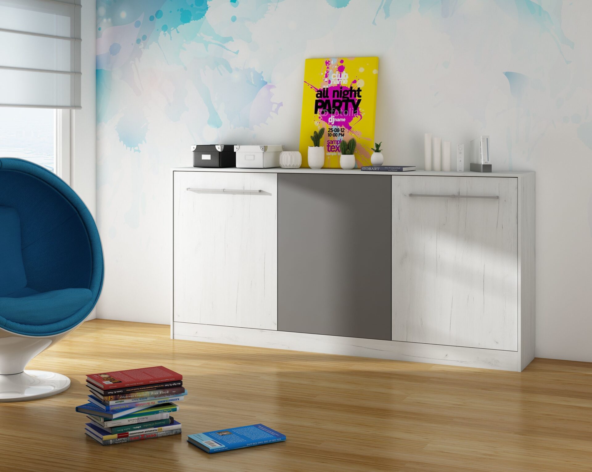 Sieninė lova, sulankstoma, paslėpta lova, 90x200, horizontali, ERGO craft, baltas grafitas