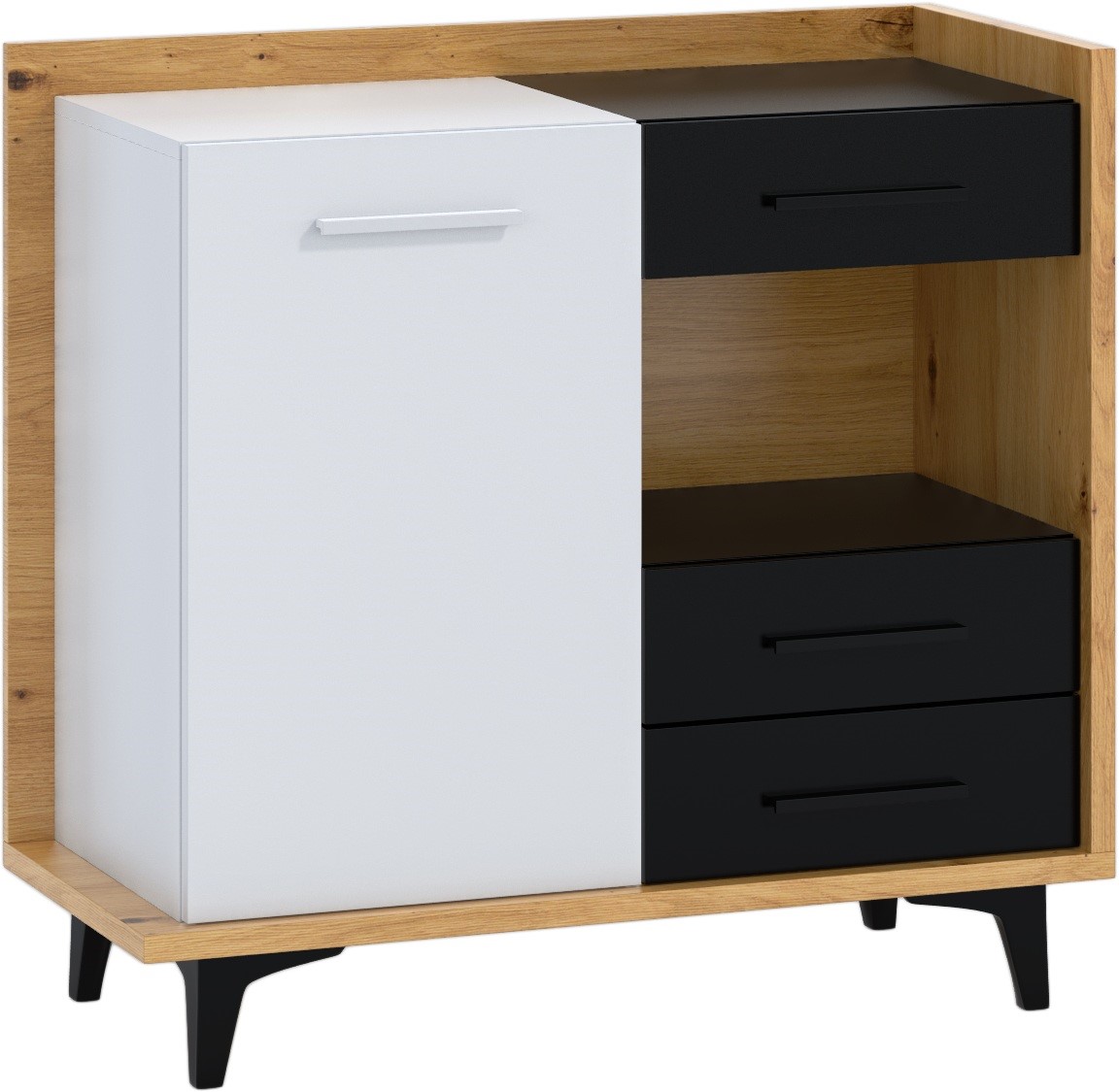 DOX 01 baldai, spintelė, komoda, svetainei, ąžuolas, balta, juoda