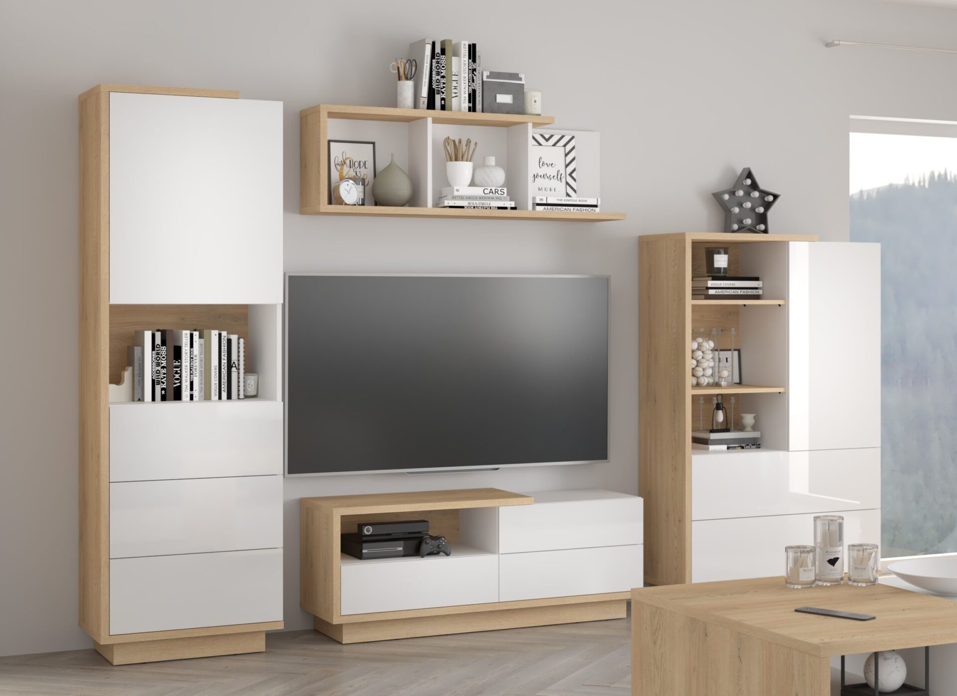 BRITA #1 svetainės baldai, TV spintelė, lentyna, ąžuolas „Cremona“, balta blizgi spalva