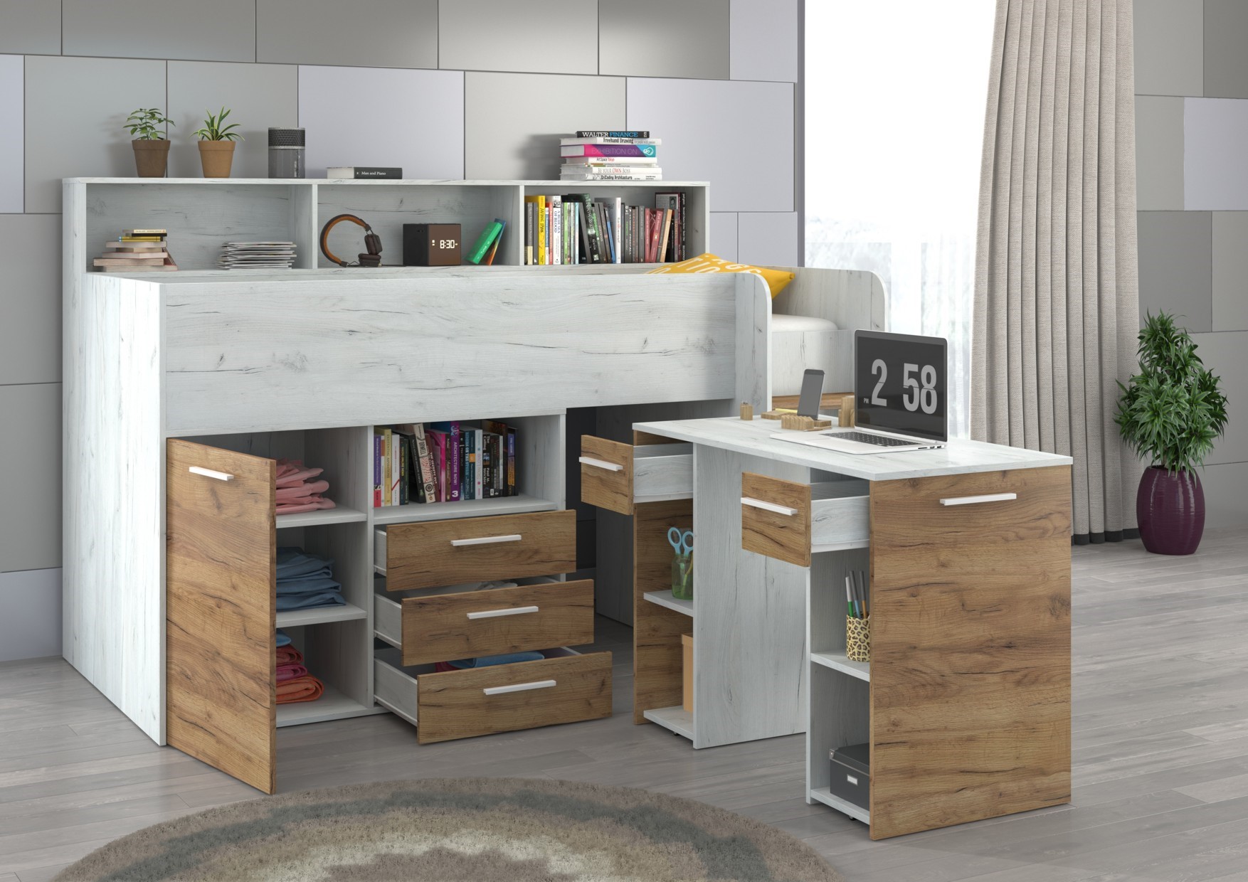 ENO P vaikiška arba jaunimo palėpės lova, ąžuolo spalvos, balta/auksinė